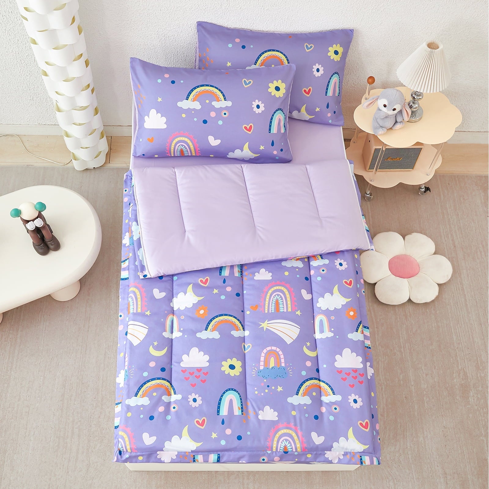 Heavyweight Warmth Zipper Kids Comforter Set, 3-Piece Purple Twin Bed in a Bag, Cartoon Rainbow Stars Flowers Printed Zip Up Comforter S... - Cloud-Like Soft Lightweight Bed Comforter Detail