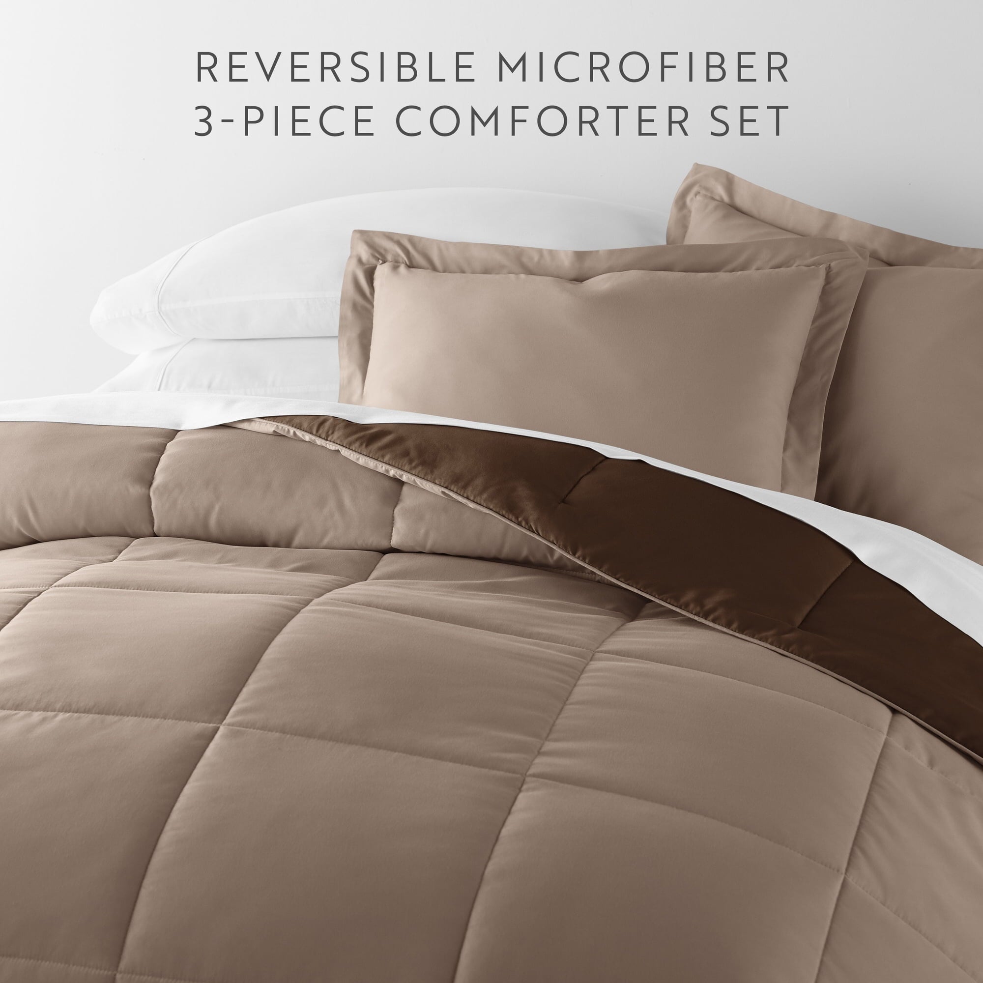 Luxurious Quilted All Season Reversible Comforter Set Breathable Cool in Taupe & Chocolate Brown Full/Queen Size Bedding - Hypoallergenic Ultra-Fluffy Quilt for Winter Detail
