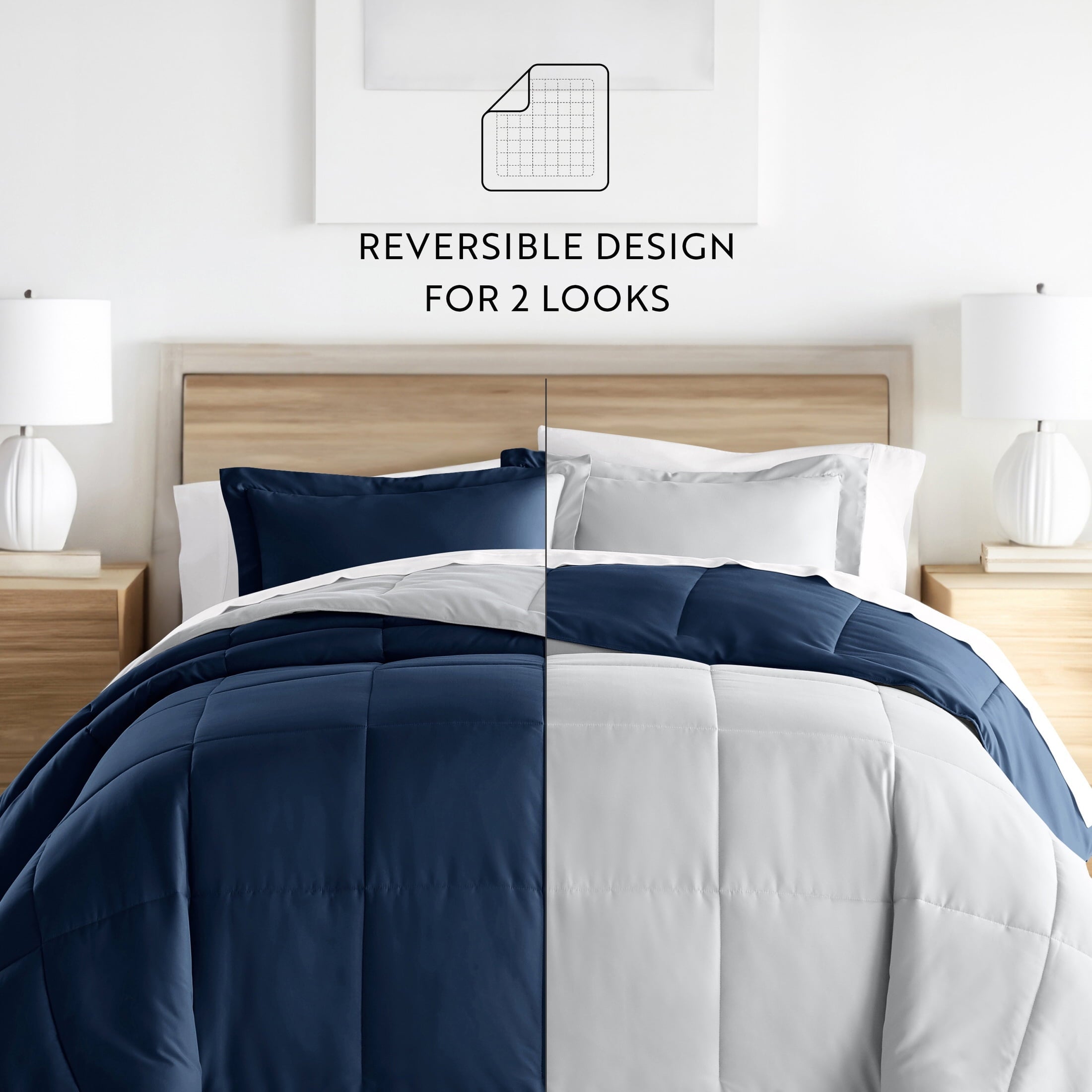 Hypoallergenic Cloud 2-Piece Navy & Gray Reversible Down Alternative Comforter Set, Twin/Twin XL - All-Season Down Alternative Comforter Insert Detail