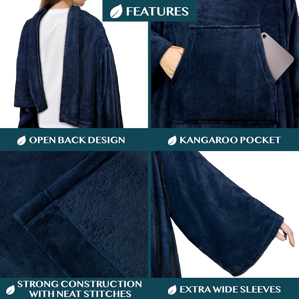 Super Soft Flannel Navy Blue Fleece Wearable Blanket with Sleeves for Adults Women Men, Soft Warm Full Body Wrap Throw, Sweatshirt Pocke... - Cozy Fleece Throw Blanket for Couch & Bed Detail