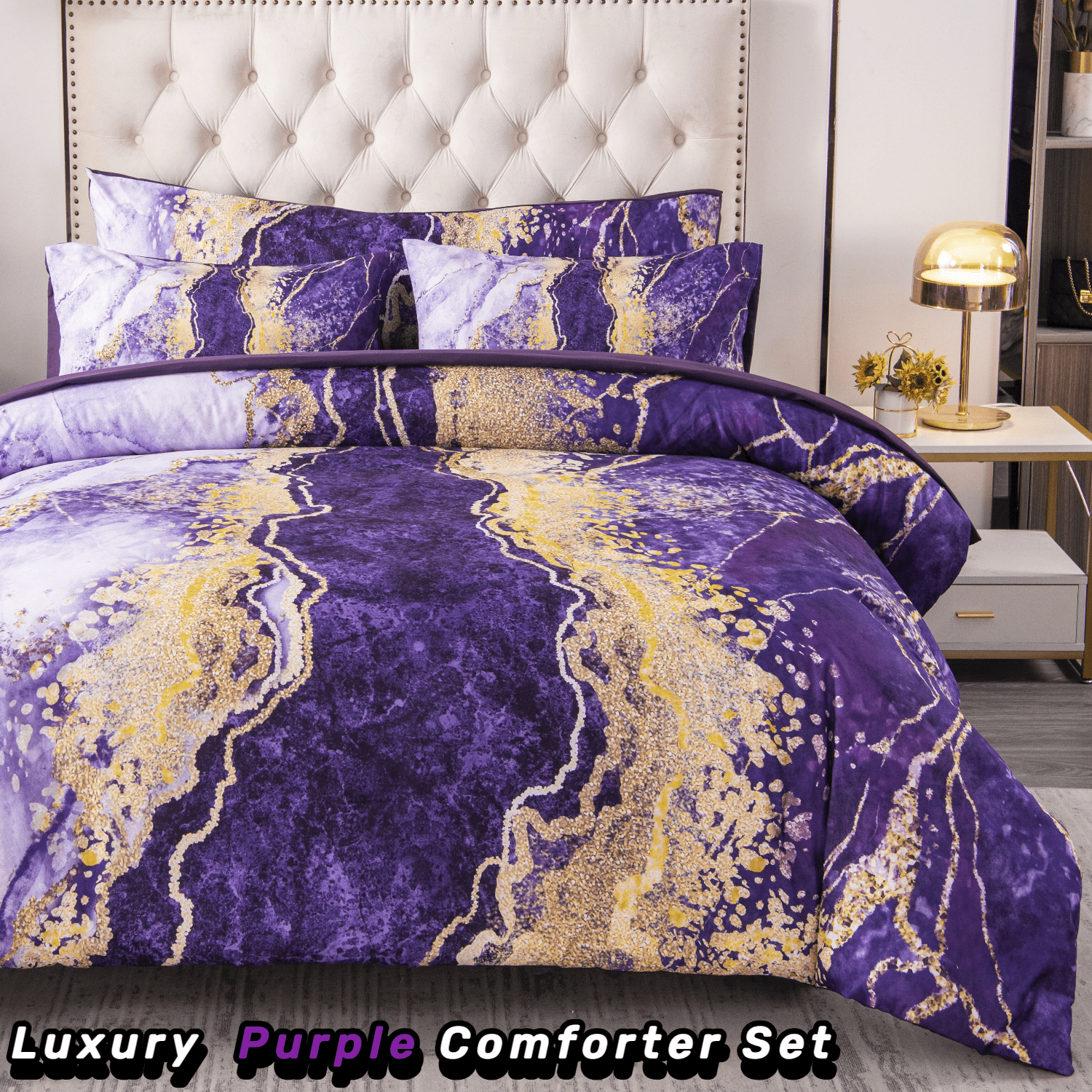 Fluffy Down Alternative 6 Pieces Queen Size Comforter Set Purple,Watercolor Marble Colorful Purple Bedding,Ultra Soft Purple Bed Set with Com... - Hypoallergenic Ultra-Fluffy Quilt for Winter Detail