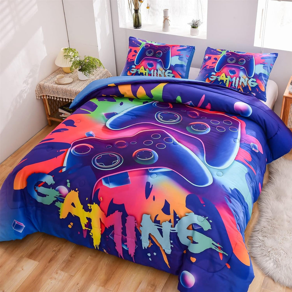 Hypoallergenic Cloud Purple Queen Gaming Comforter Sets for Boys Kids Bedding Sets Colorful Games Console Gamer Quilt Set - All-Season Down Alternative Comforter Insert Detail