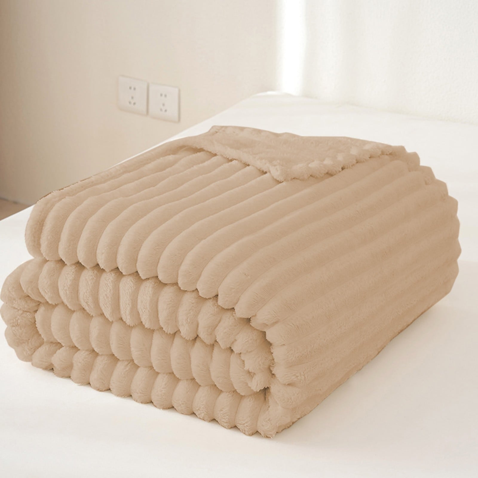 Reversible Sherpa Extra Large Throw Blanket for Couch Home Office Hotel 100% Cotton Super Soft Blanket for Adult 47"x70" Khaki - Luxury Knitted Decorative Throw Blanket with Fringes Detail