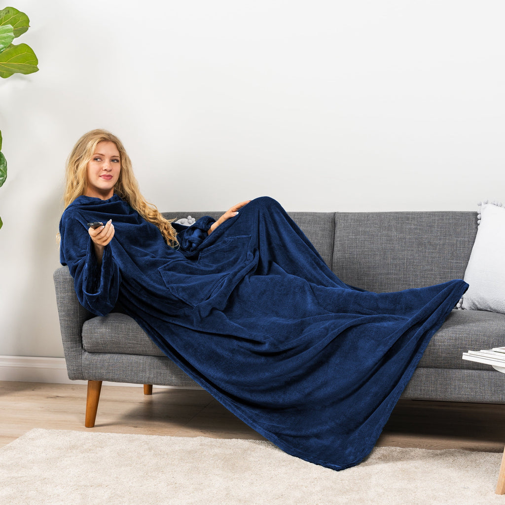 Super Soft Flannel Navy Blue Fleece Wearable Blanket with Sleeves for Adults Women Men, Soft Warm Full Body Wrap Throw, Sweatshirt Pocke... - Cozy Fleece Throw Blanket for Couch & Bed Detail