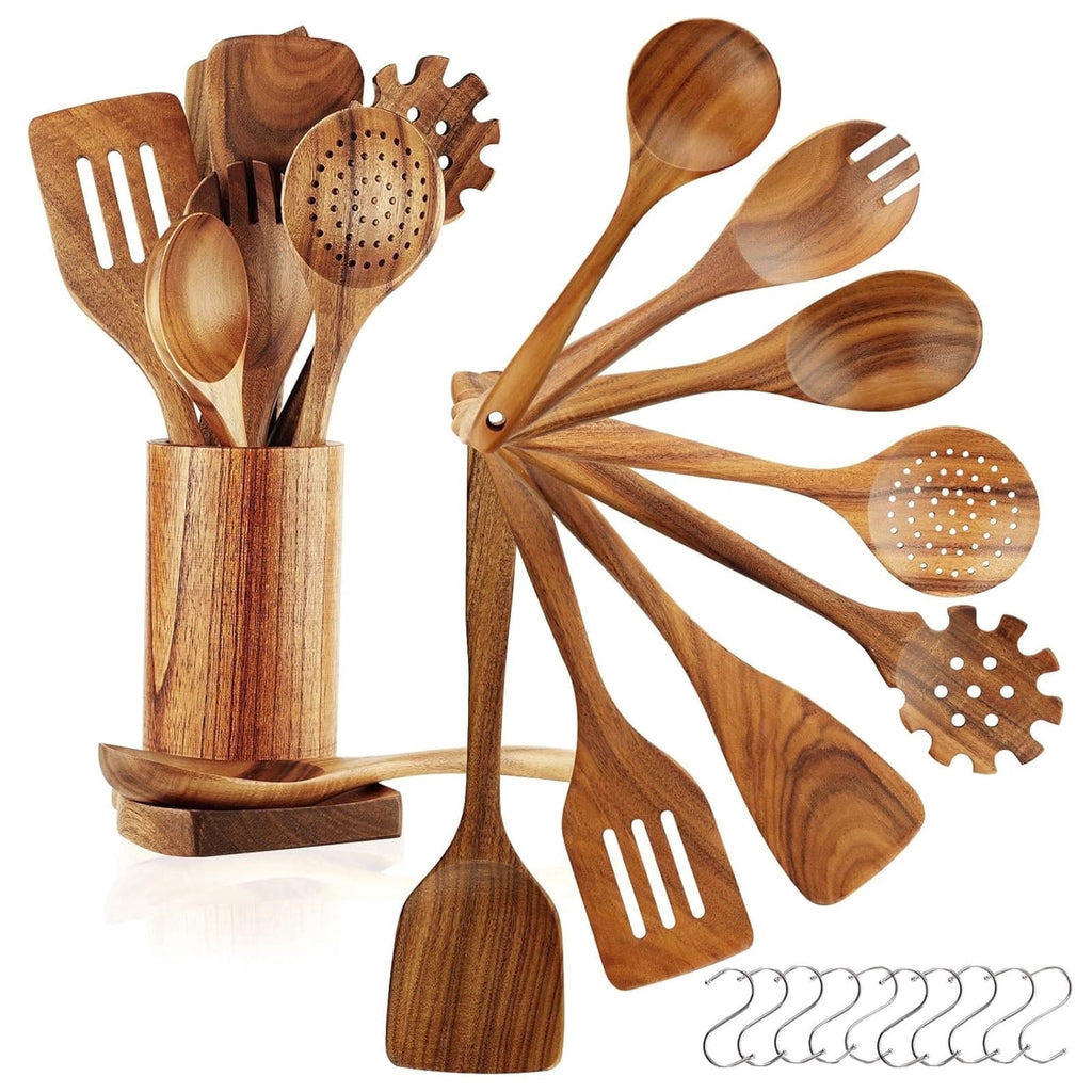 Seamless One-Piece 10Pcs Wooden Spoons for Cooking, Smooth Finish Teak Wooden Utensils for Cooking, Soft Comfort-Grip Wood Spoons for Co... - Ergonomic Kitchen Tongs and Cooking Spoon Utensil - Default Title