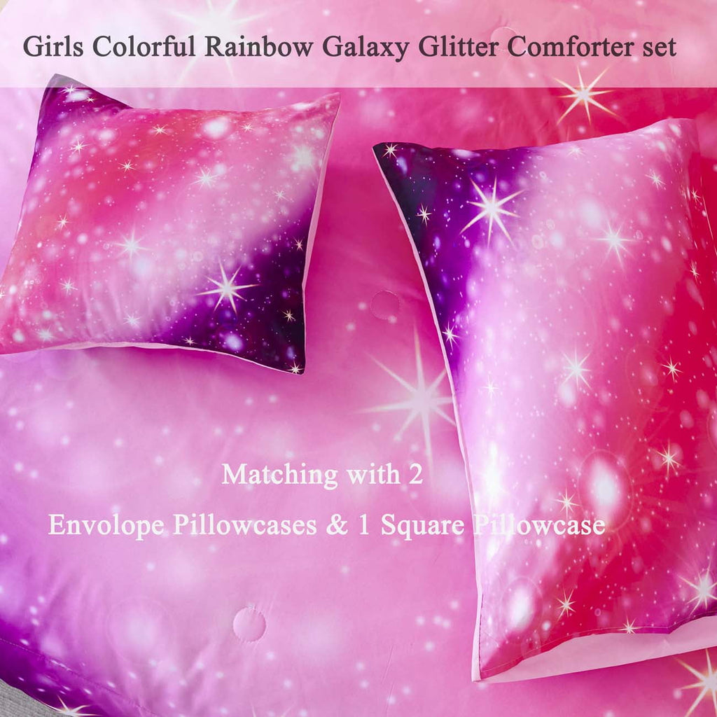 Luxurious Quilted 4Pcs Rainbow Twin Size Comforter Set for Girls, Pink Purple Gradient Glitter Kids Bedding Sets, Soft Galaxy Girls Bed... - Cloud-Like Soft Lightweight Bed Comforter Detail
