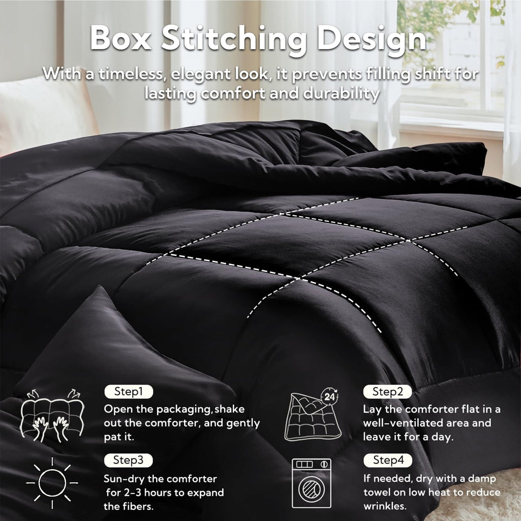 Fluffy Down Alternative Reversible Satin Microfiber Comforter 3 Pieces Queen Size, Black Queen Comforter Set for All Seasons, Silky Soft Sati... - Cloud-Like Soft Lightweight Bed Comforter Detail