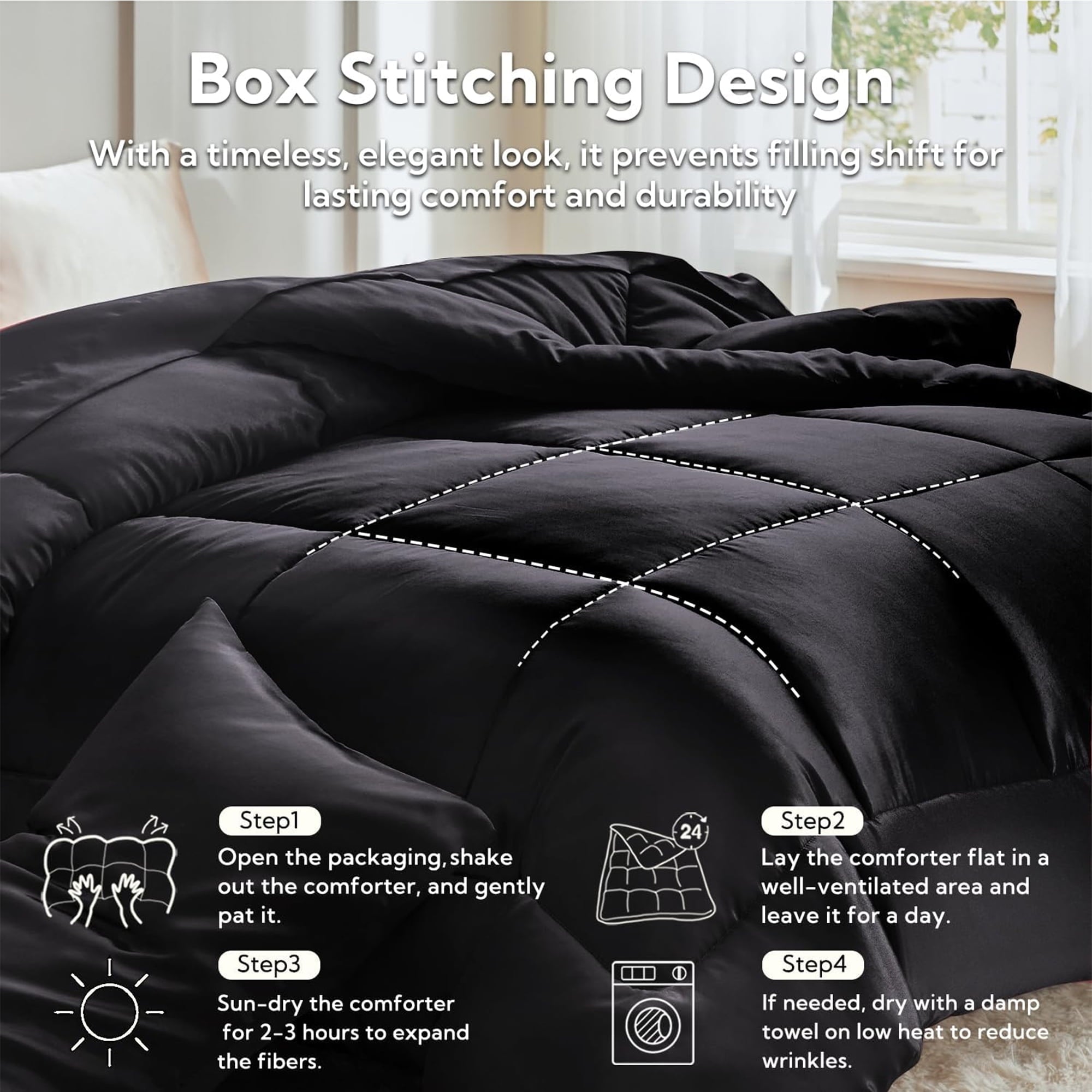 Fluffy Down Alternative Reversible Satin Microfiber Comforter 3 Pieces Queen Size, Black Queen Comforter Set for All Seasons, Silky Soft Sati... - Cloud-Like Soft Lightweight Bed Comforter Detail