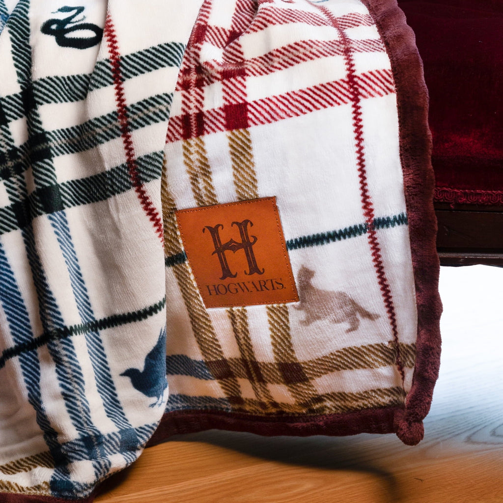 Super Soft Flannel Academic Plaid Tartan Crest with Faux Leather Patch and Milky Mink Reverse Throw, 60x70 inches - Luxury Knitted Decorative Throw Blanket with Fringes Detail