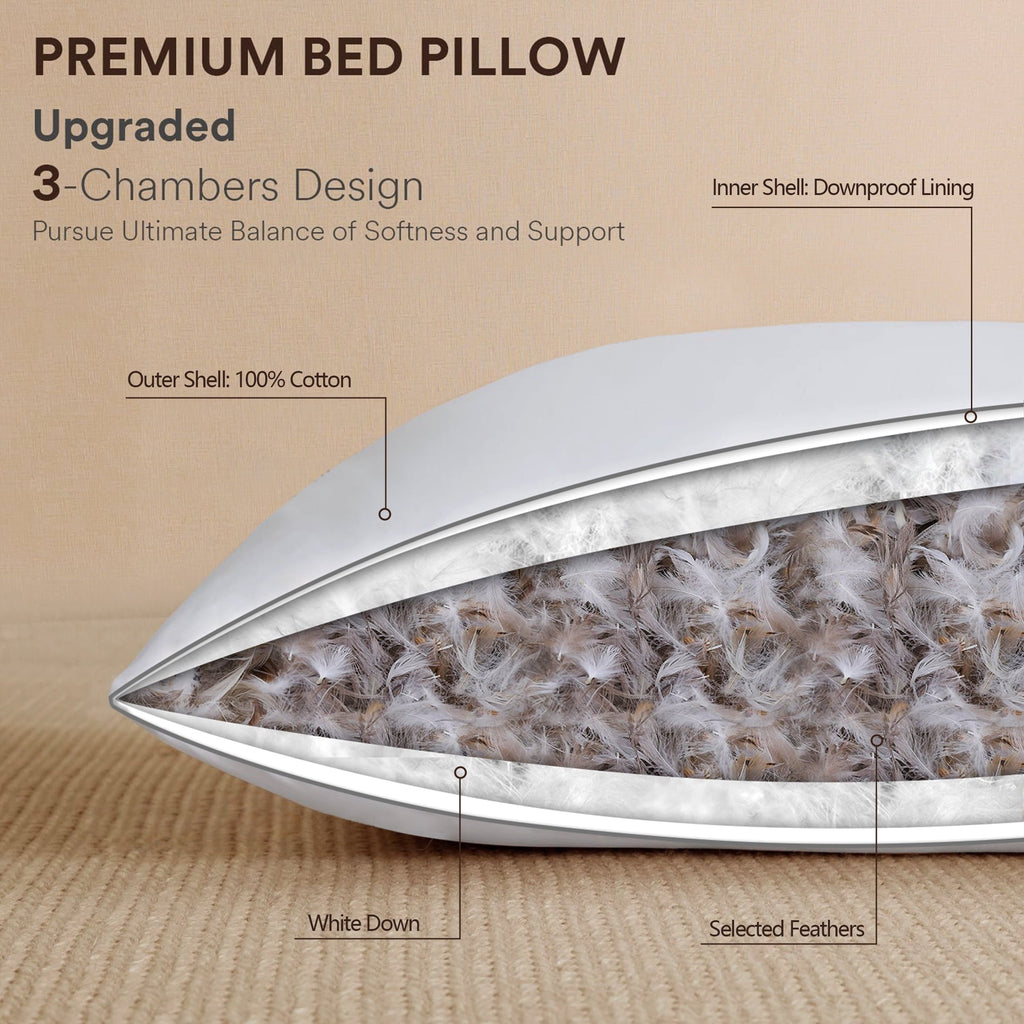 Ergonomic Memory Foam Goose Feather Down Pillows Queen Size Set of 2, 100% Cotton Cover Hotel Collection Bed Pillows，20"x28" - Hotel Quality Plush Sleeping Pillows Detail