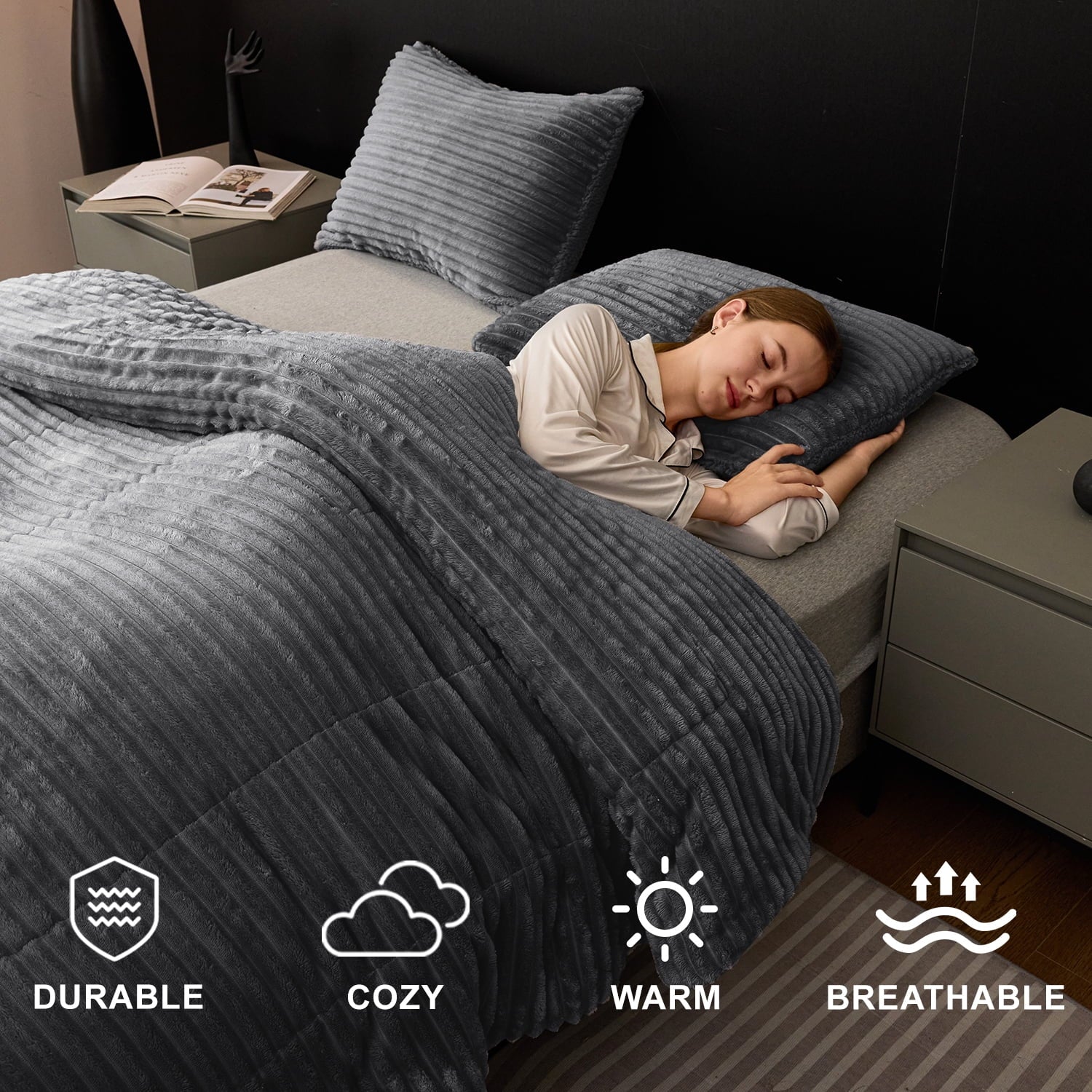 Hypoallergenic Cloud 3 Piece Fleece Queen Comforter Set - Soft & Warm Fluffy Dark Gray Sherpa Bedding , Fuzzy Heavy Double Sided Design Wi... - Cloud-Like Soft Lightweight Bed Comforter Detail