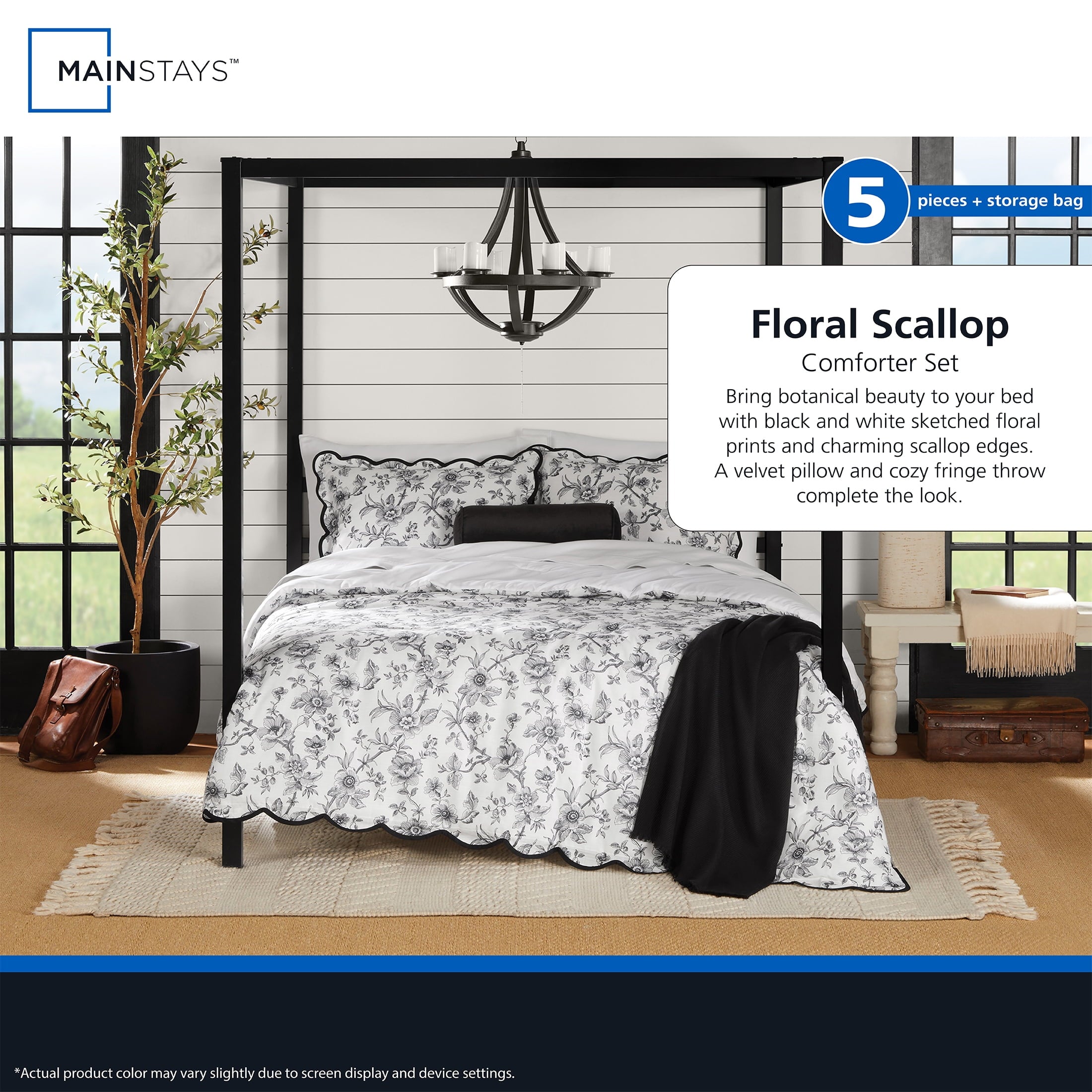 Hypoallergenic Cloud Floral Scallop 4-Piece White/Black Comforter Set, Twin/Twin XL - All-Season Down Alternative Comforter Insert Detail