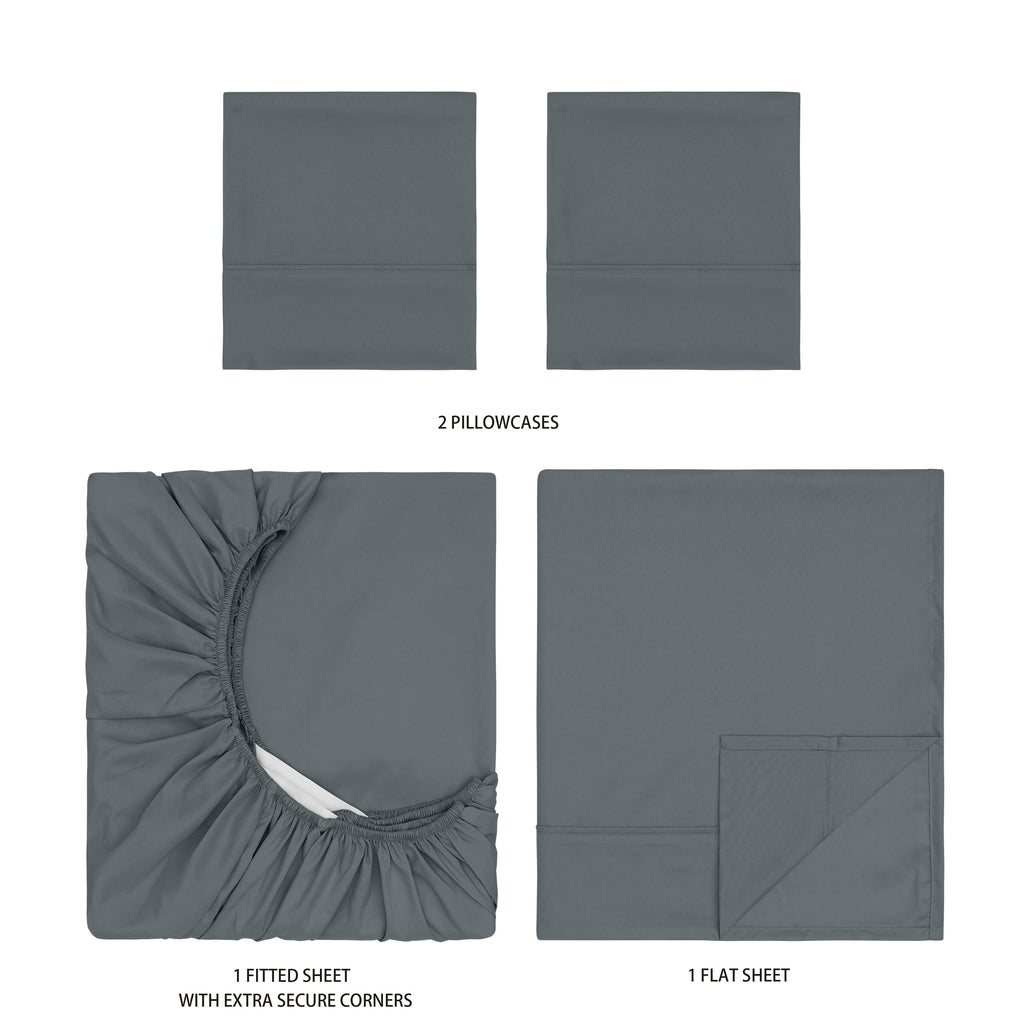 Wrinkle-Resistant Super Soft Brushed Microfiber Bed Sheet Set, Soothing Gray, Queen, 4 Piece - Breathable Egyptian Cotton Flat & Fitted Sheets Detail