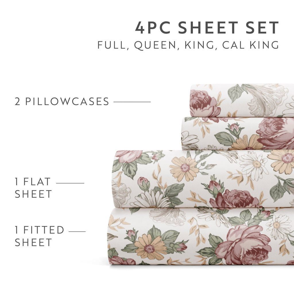 Cooling Sateen 4 Piece Pattern Microfiber Bed Sheets Set, Blooming Floral Rose, Queen - Premium Ultra-Soft Pillowcase Pair for Sleeping Detail