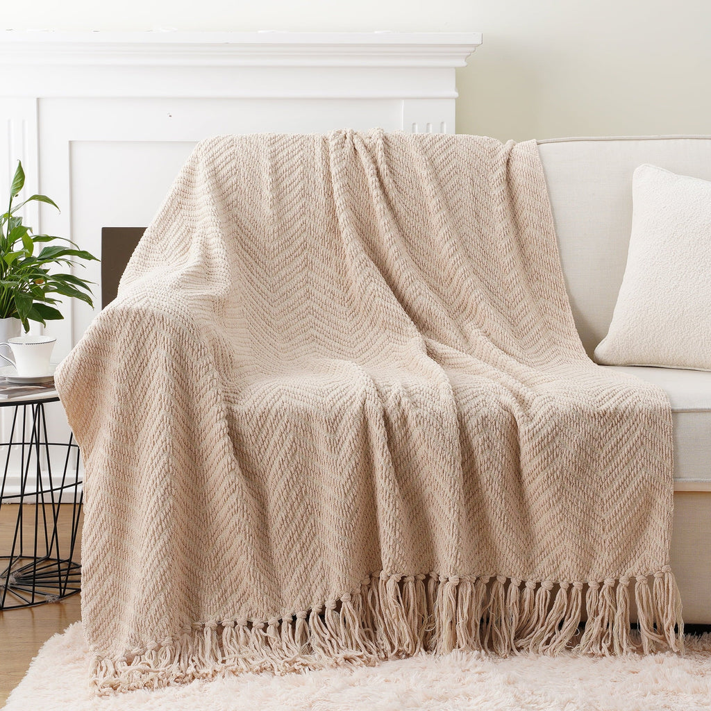 Cozy Fleece Beige Throw Blanket,Textured Knitted Tan Throws with Tassels,Neutral Sofa Bed Throws,50"x60" - Luxury Knitted Decorative Throw Blanket with Fringes Detail