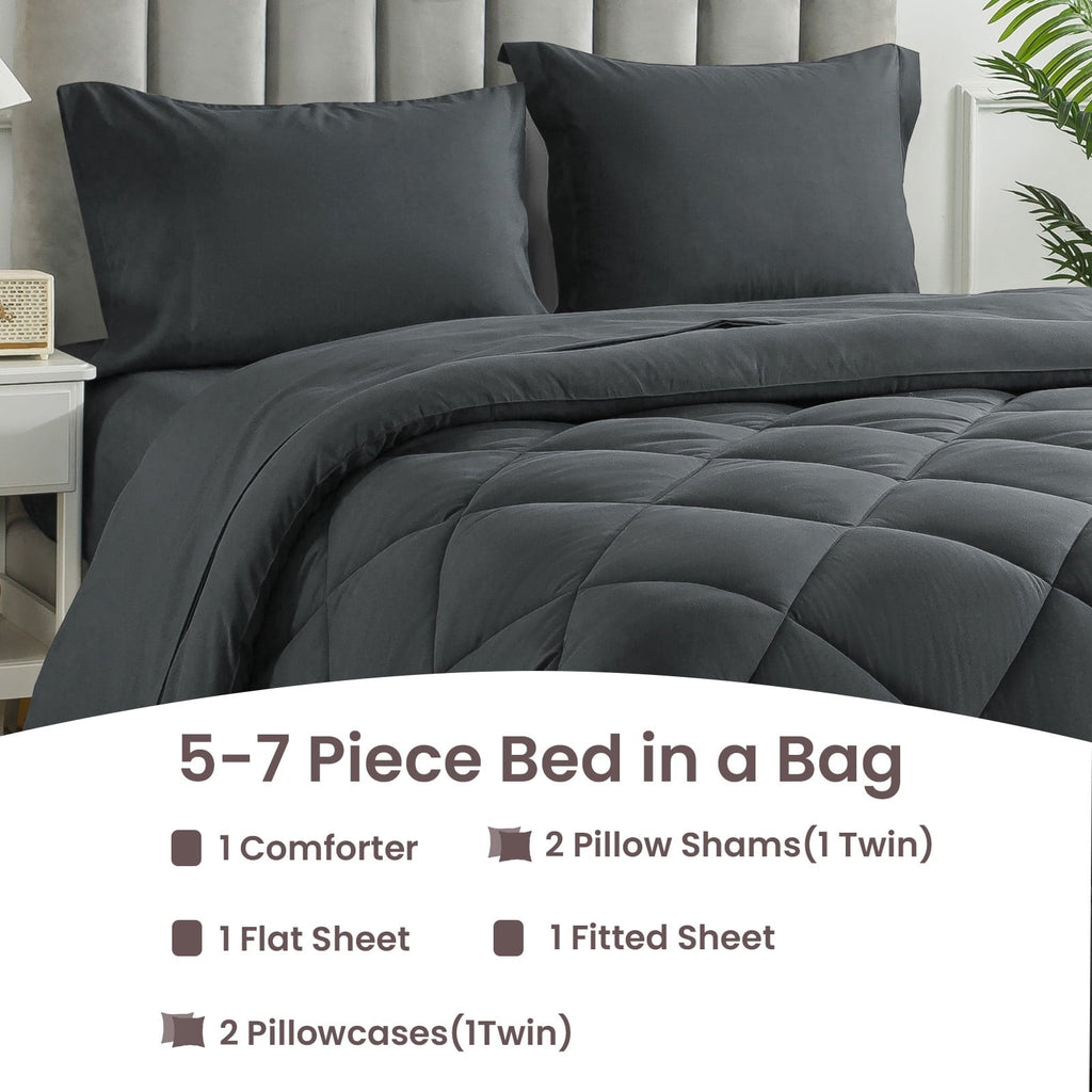 Luxurious Quilted Queen Bed in a Bag Comforter Set with 7 Pieces - Dark Gray All Season Bedding Sets with Comforter, Pillow Shams, Flat... - All-Season Down Alternative Comforter Insert Detail