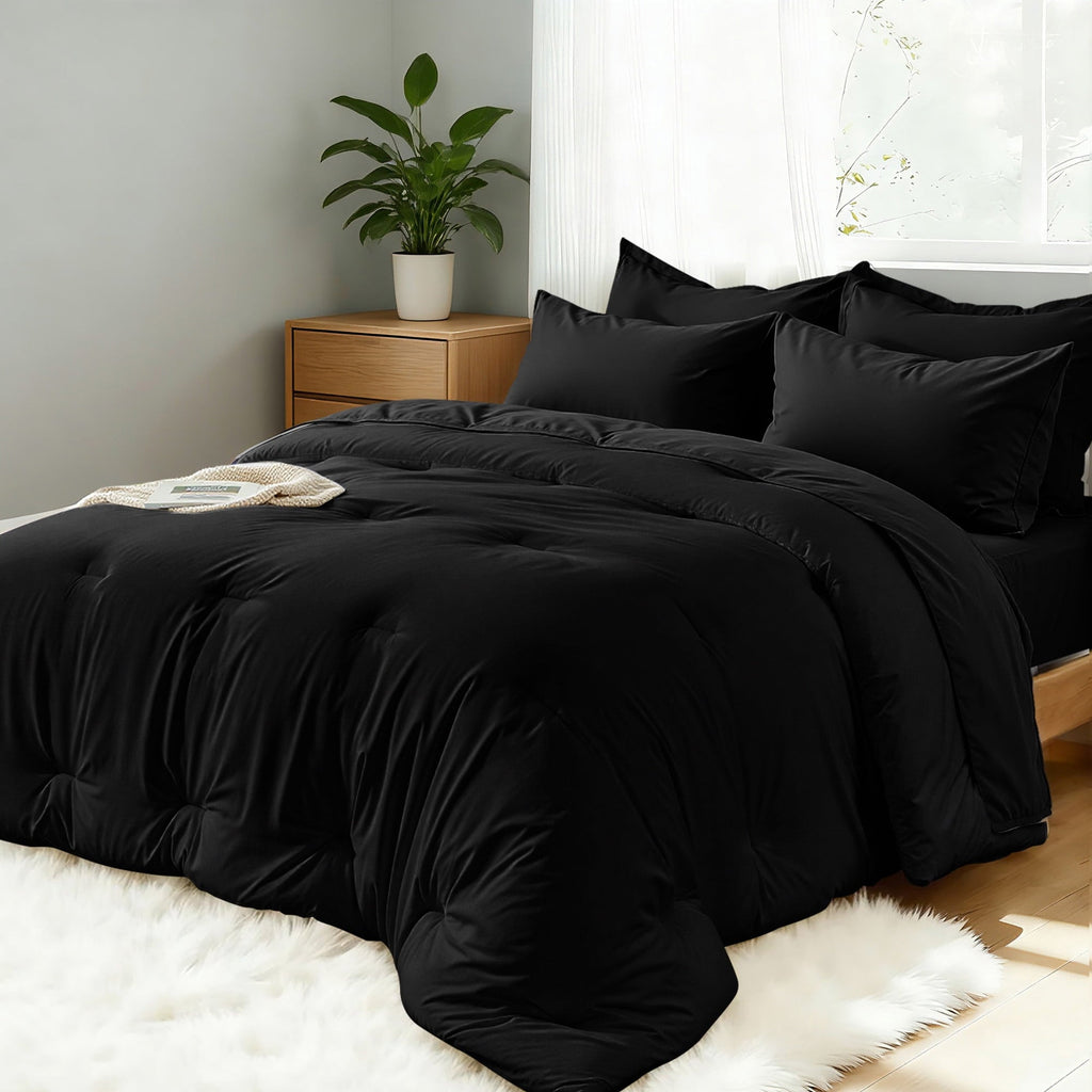 Luxurious Quilted 5-Piece Bed in Bag - Twin Size Comforter Sets, Pillowcases & Sheet Collection for Cozy Bedding Sets Black - Luxurious Quilted Duvet Cover Set Detail