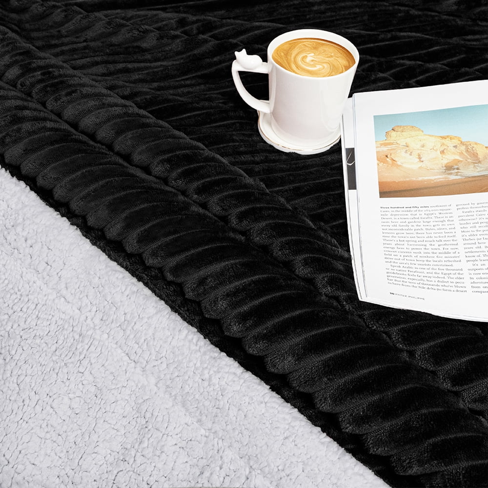 Super Soft Flannel Reversible Sherpa Fleece Throw Blanket Black, Plush Flannel Throw, Ultra Soft Warm Ribbed Microfiber Blanket for Sofa... - Lightweight Plush Warm Blanket for All Seasons Detail
