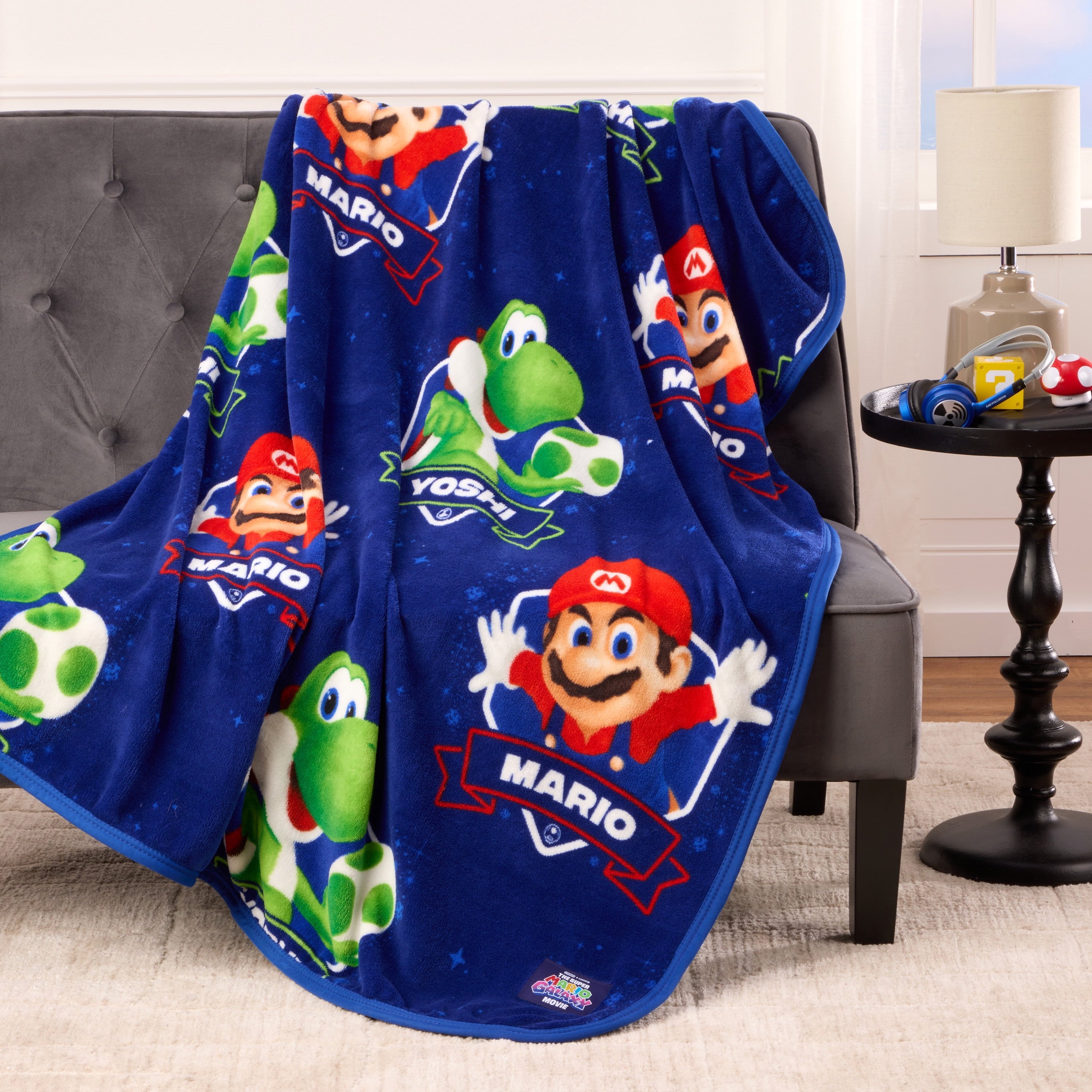 Reversible Sherpa Galaxy Movie Kids Blue Print Fleece Throw Blanket, 46 x 60 - Luxury Knitted Decorative Throw Blanket with Fringes Detail
