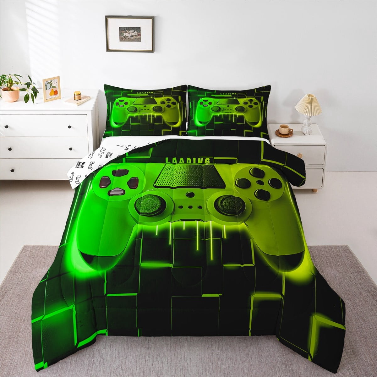 Hypoallergenic Cloud Green Yellow Gaming Full Size Comforter Sets - Gamer Comforter Full Size Bedding Set, Neon Lights Abstract Geometry D... - Luxurious Quilted Duvet Cover Set Detail