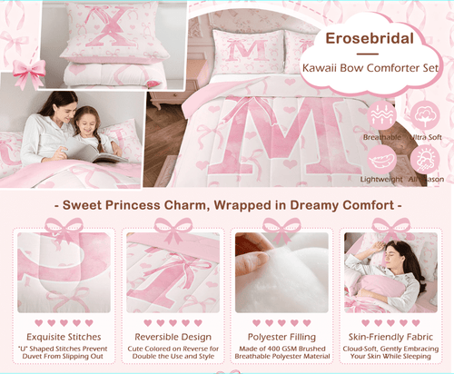 All-Season Kawaii Bowknot Bedding Sets Full with Comforter, Initial H Duvet Insert, Romantic Initial A-Z Decor, Reversible - Luxurious Quilted Duvet Cover Set Detail