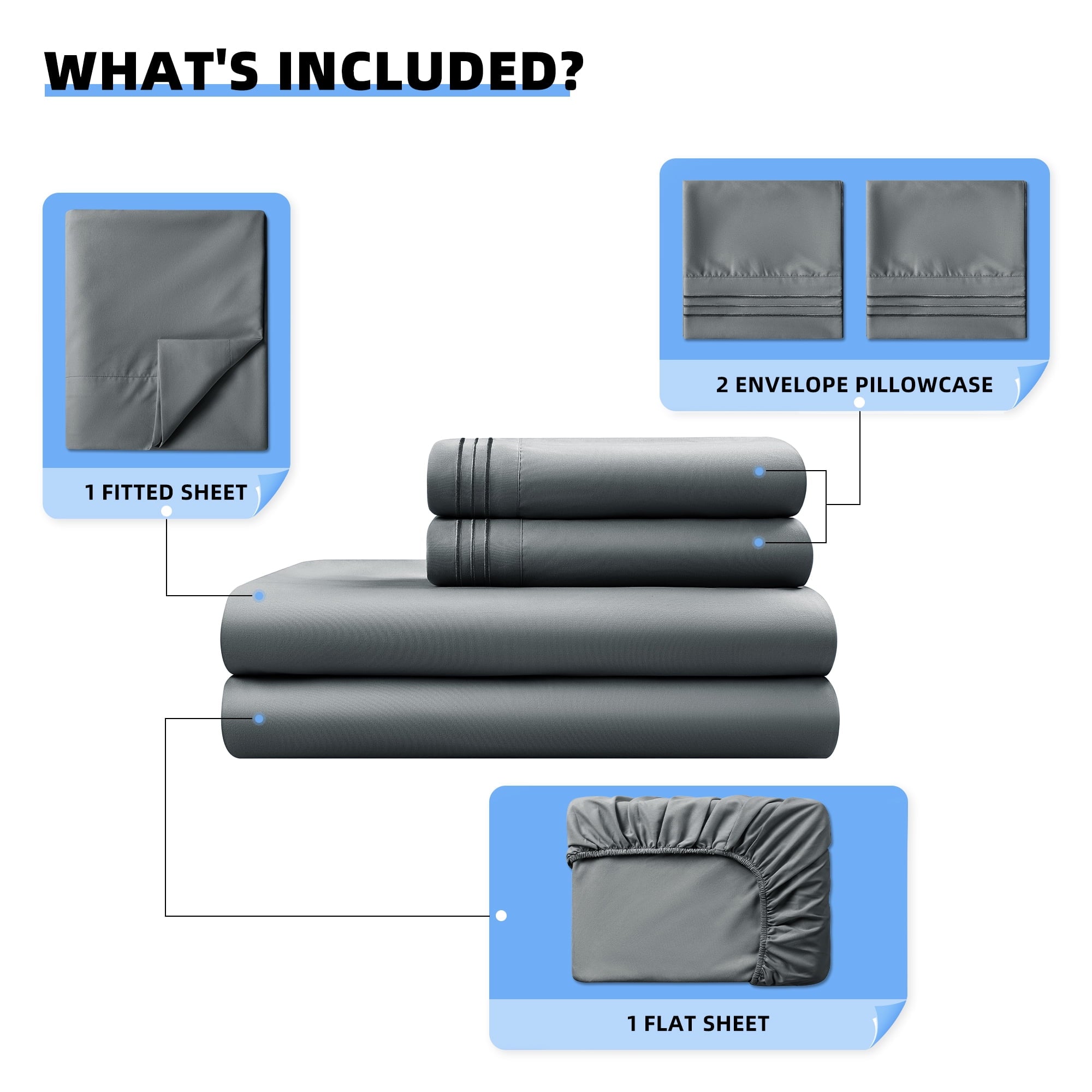 Wrinkle-Resistant Shilucheng 4 Pieces Luxury Bed Sheets Set, Plush Microfiber Bed Sheets, 16" Deep Pocket, Queen, Dark Gray - Luxury Bed Sheet Set with Deep Pockets Detail