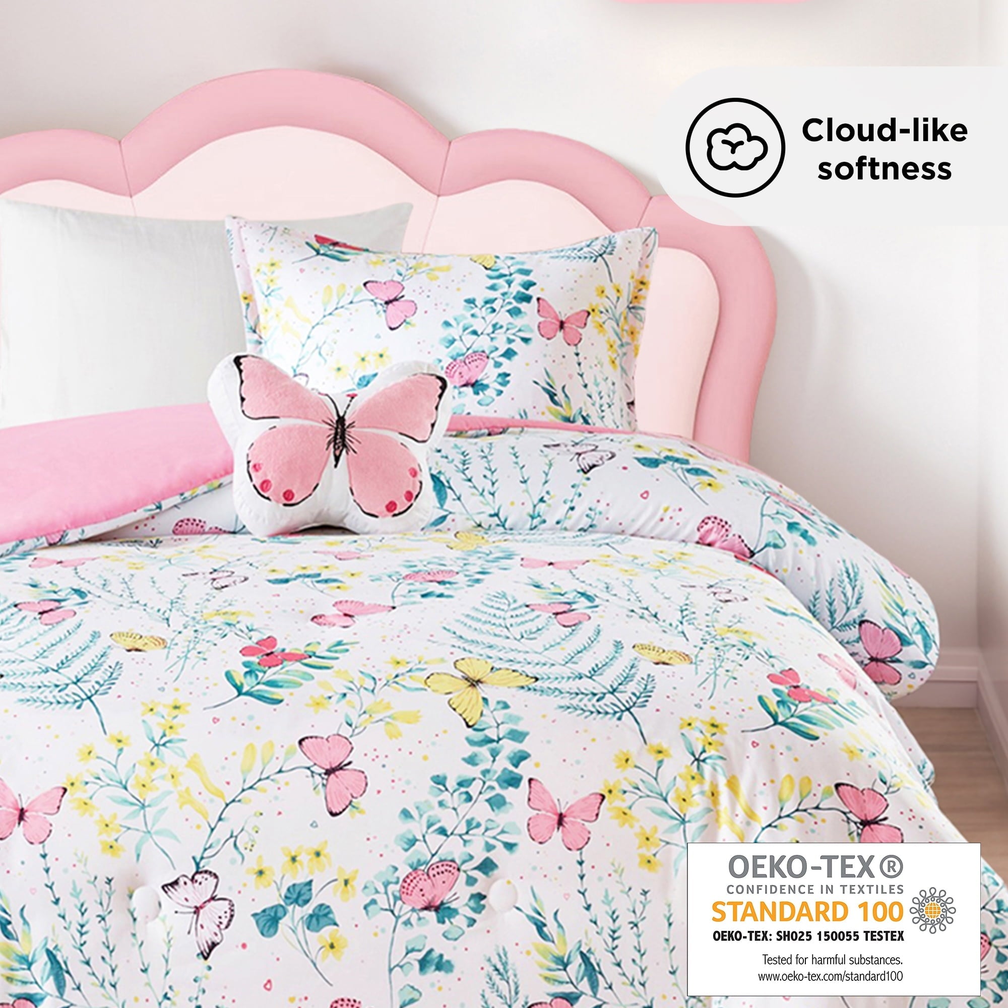 Fluffy Down Alternative Full/Queen Size Comforter Sets, 4-Piece Kids Bedding Set for Girls, Butterfly Floral Comforter Bed Set, White/Pink - Luxurious Quilted Duvet Cover Set Detail