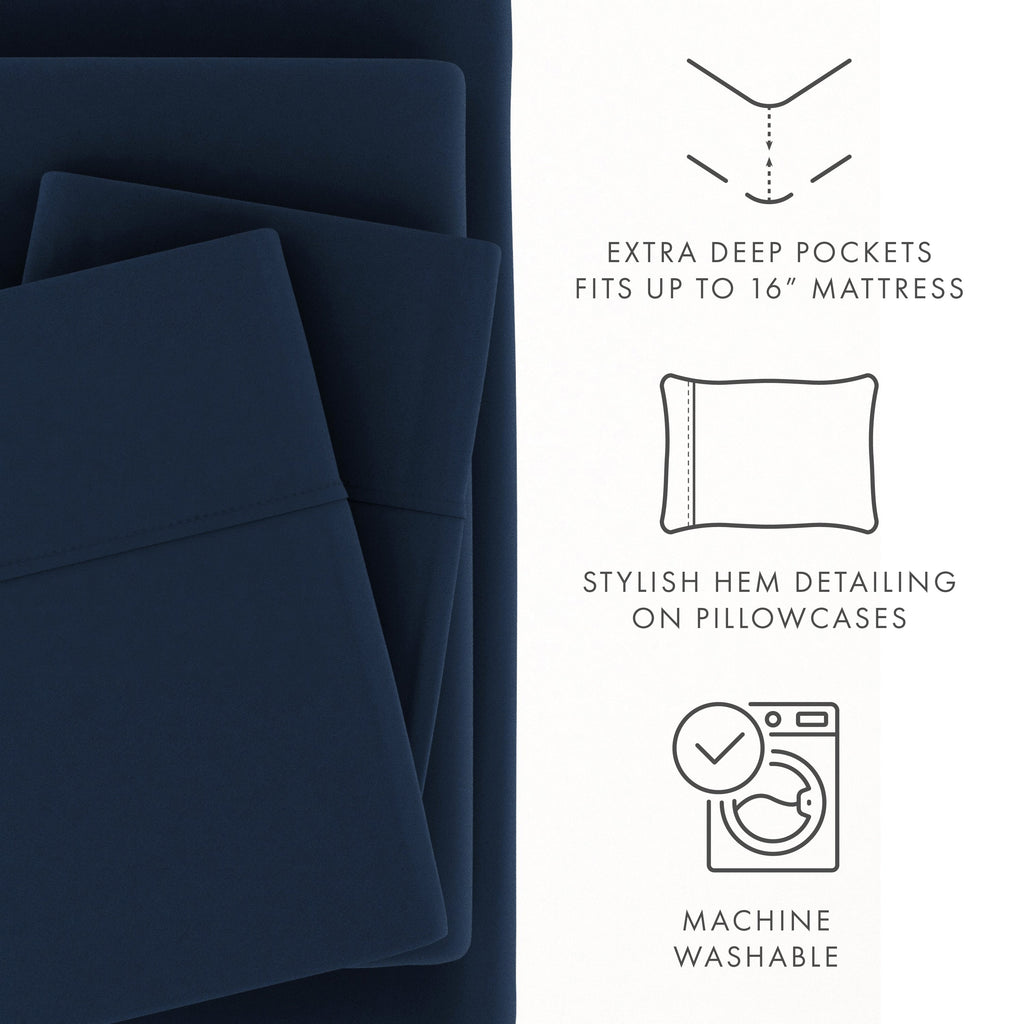 Wrinkle-Resistant 4 Piece Solid Microfiber Bed Sheet Set, Navy, Queen - Cooling Hotel Quality Bedding Sheets and Pillowcases Detail