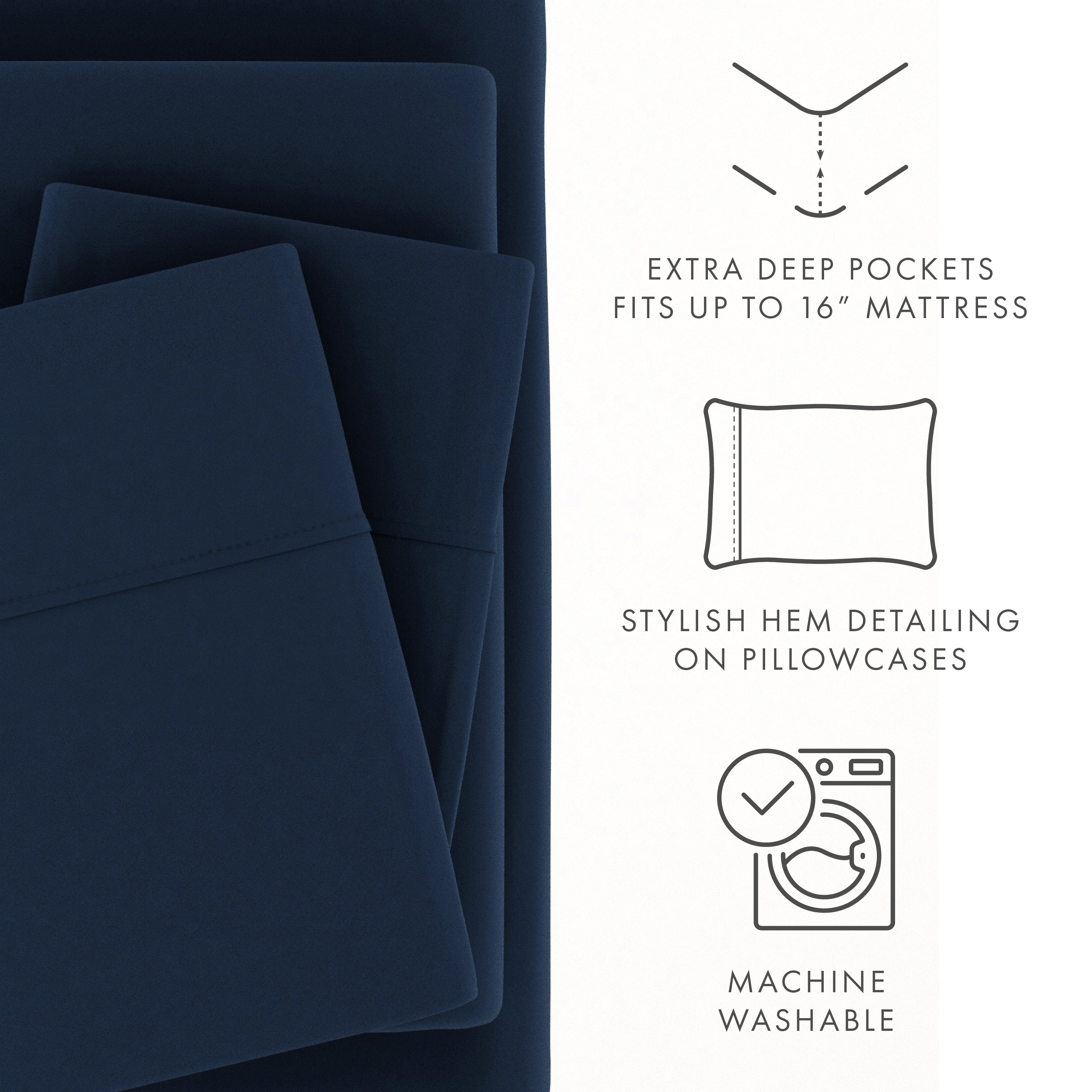Wrinkle-Resistant 4 Piece Solid Microfiber Bed Sheet Set, Navy, Queen - Cooling Hotel Quality Bedding Sheets and Pillowcases Detail