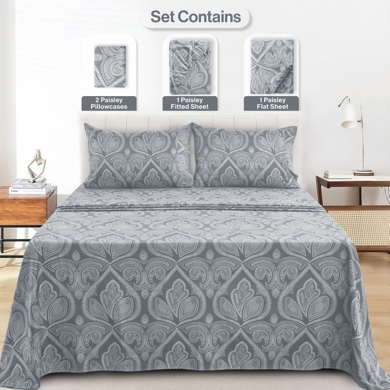 Ultra-Soft Lux Decor 4 Piece Queen Sheet Set, Brushed Microfiber Paisley Printed Bed Sheet Set with up to 16" Deep Pocket Fitted... - Luxury Bed Sheet Set with Deep Pockets Detail
