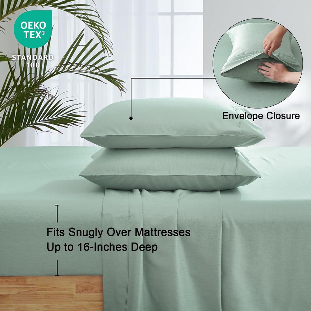 Wrinkle-Resistant Bamboo Bed Sheet Sets, 4 Pieces King Silky Soft Bedding Sheets, 1800 Thread Count 16 Inch Deep Pockets, Sage Green - Premium Ultra-Soft Pillowcase Pair for Sleeping Detail