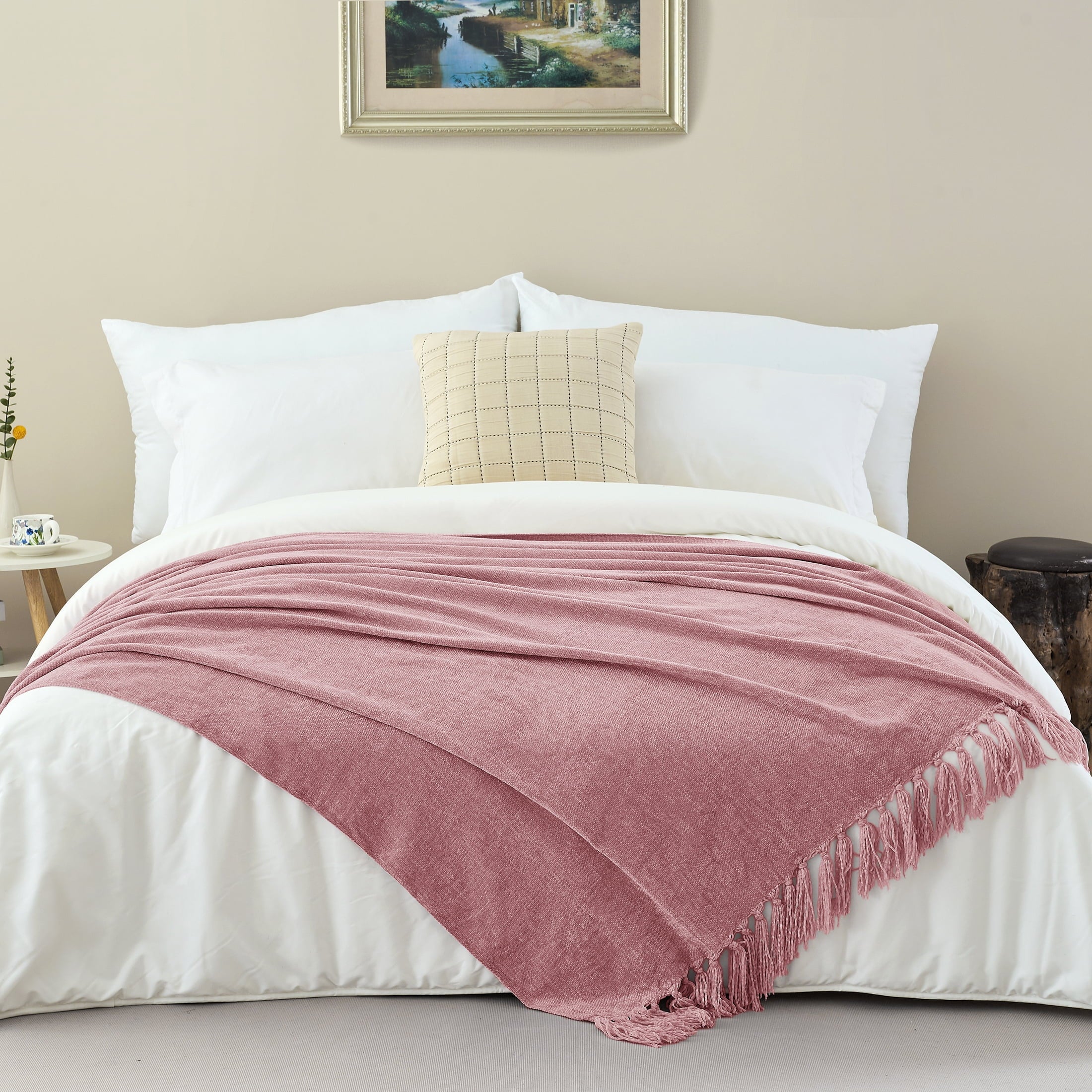 Lightweight Warm Chenille Throw Blanket with Fringe Tassel for Couch Sofa Chair Bed, Mauve 50" X 70" - Lightweight Plush Warm Blanket for All Seasons Detail