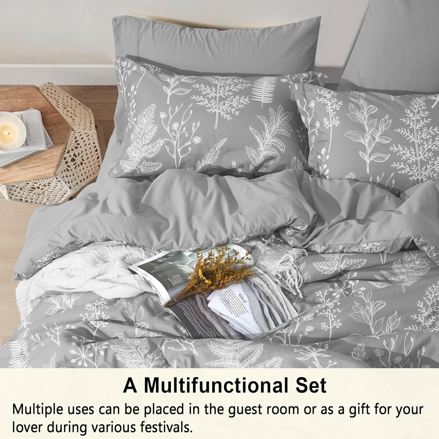Heavyweight Warmth 7 Pieces Printed King Comforter Set, Lightweight Reversible Botanical Bedding Set Include Comforter, Pillow Shams, Fl... - Hypoallergenic Ultra-Fluffy Quilt for Winter Detail