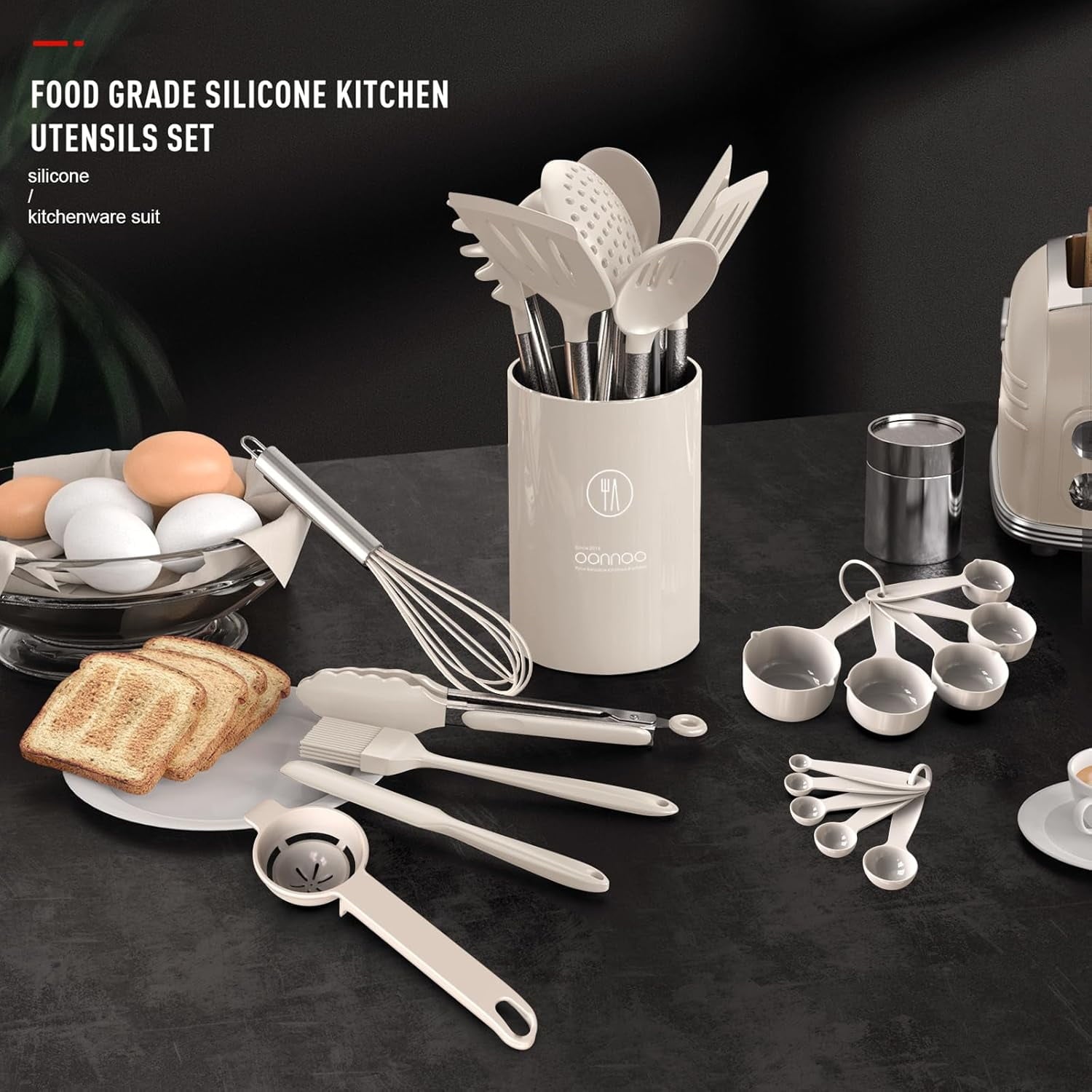 Heat-Resistant Large Silicone Cooking Utensils Set - Heat Resistant Kitchen Utensils,Turner Tongs,Spatula,Spoon,Brush,Whisk,Stainles... - Premium Stainless Steel Cooking Utensil for Non-Stick Pots Detail
