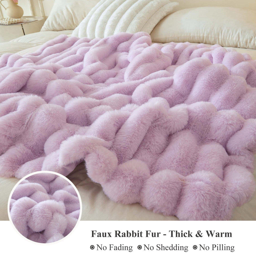 Cozy Fleece Fluffy Faux Rabbit Fur Throw, Cozy Wide Stripe Plush Fuzzy Blanket for Bed Couch Sofa Chair, Light Purple Shaggy Thro... - Cozy Fleece Throw Blanket for Couch & Bed Detail