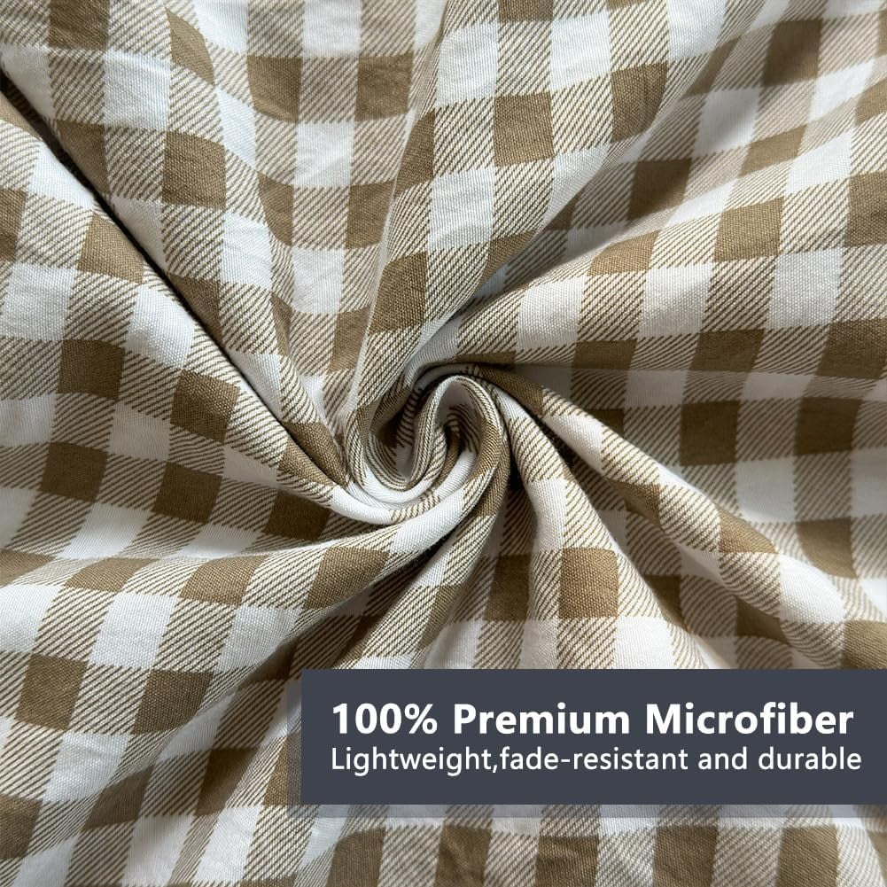 Cooling Sateen Tan Gingham Ruffle Queen Sheet Set, Taupe Soft Pre-Washed Microfiber Plaid Ruffled Queen Bed Sheets, 4-Pieces Farmhou... - Luxury Bed Sheet Set with Deep Pockets Detail
