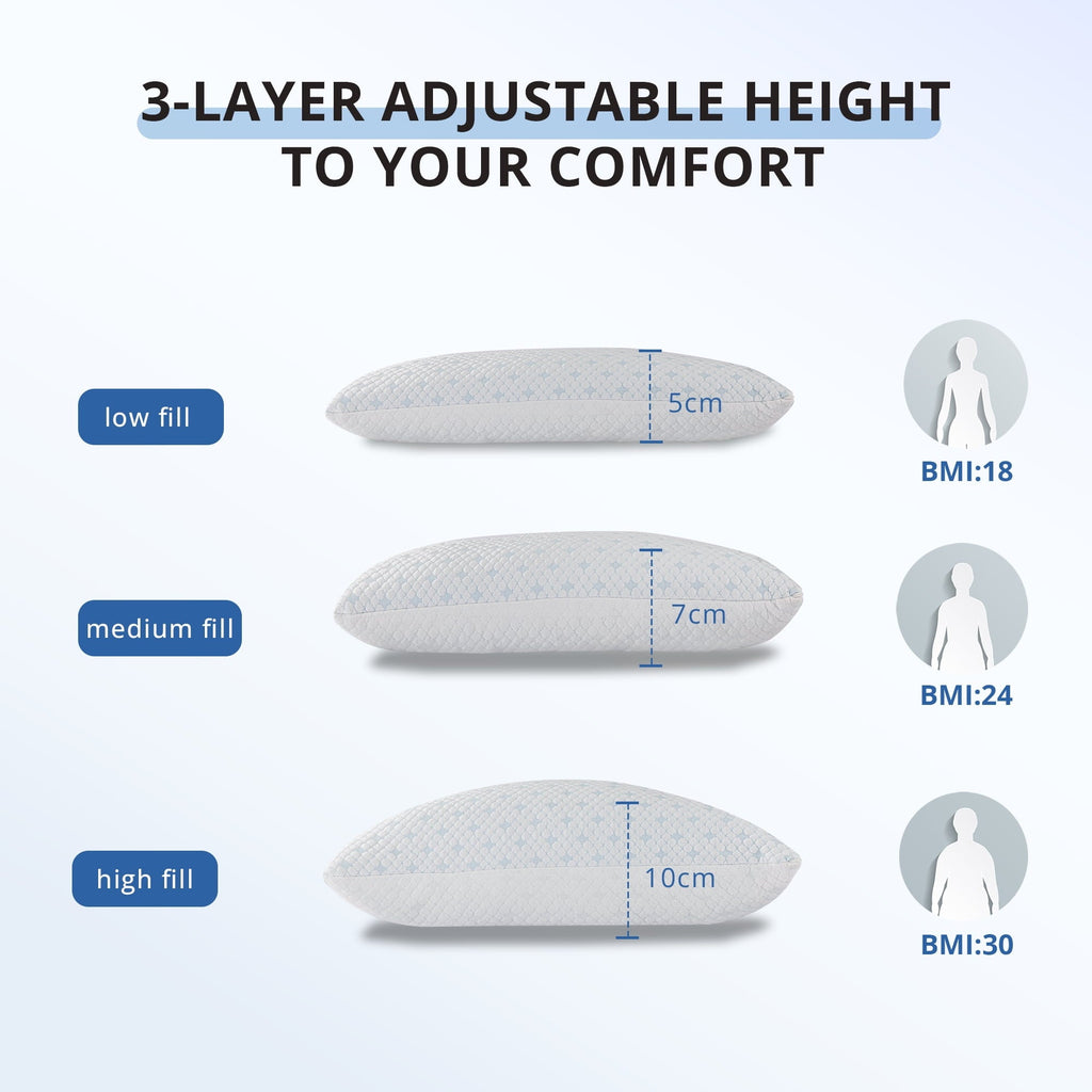 Fluffy Shredded 2-Pack Adjustable Cooling Bed Pillows, Shredded Memory Foam Pillows Set of 2, Standard Queen, Dual Sides - Ergonomic Memory Foam Pillow for Neck Pain Support Detail