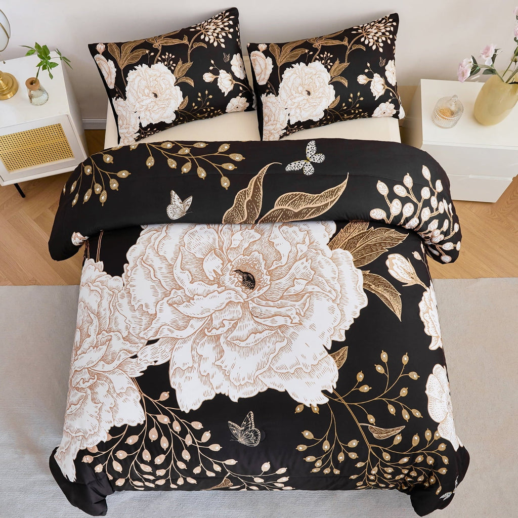Luxurious Quilted Black Floral Comforter Set Queen, Printed Comforter White Flowers Butterfly Bedding Set, 3 Pieces Botanical Reversibl... - Hypoallergenic Ultra-Fluffy Quilt for Winter Detail