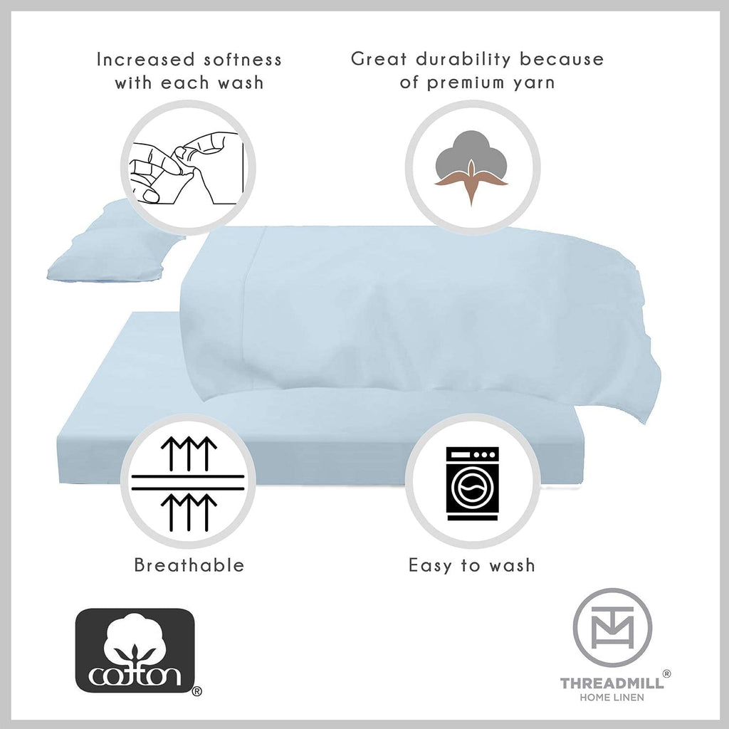 Wrinkle-Resistant 100% Cotton King Bed Sheets Set - 4-Piece, 300 Thread Count, Lightweight Sateen, Light Blue - Cooling Hotel Quality Bedding Sheets and Pillowcases Detail