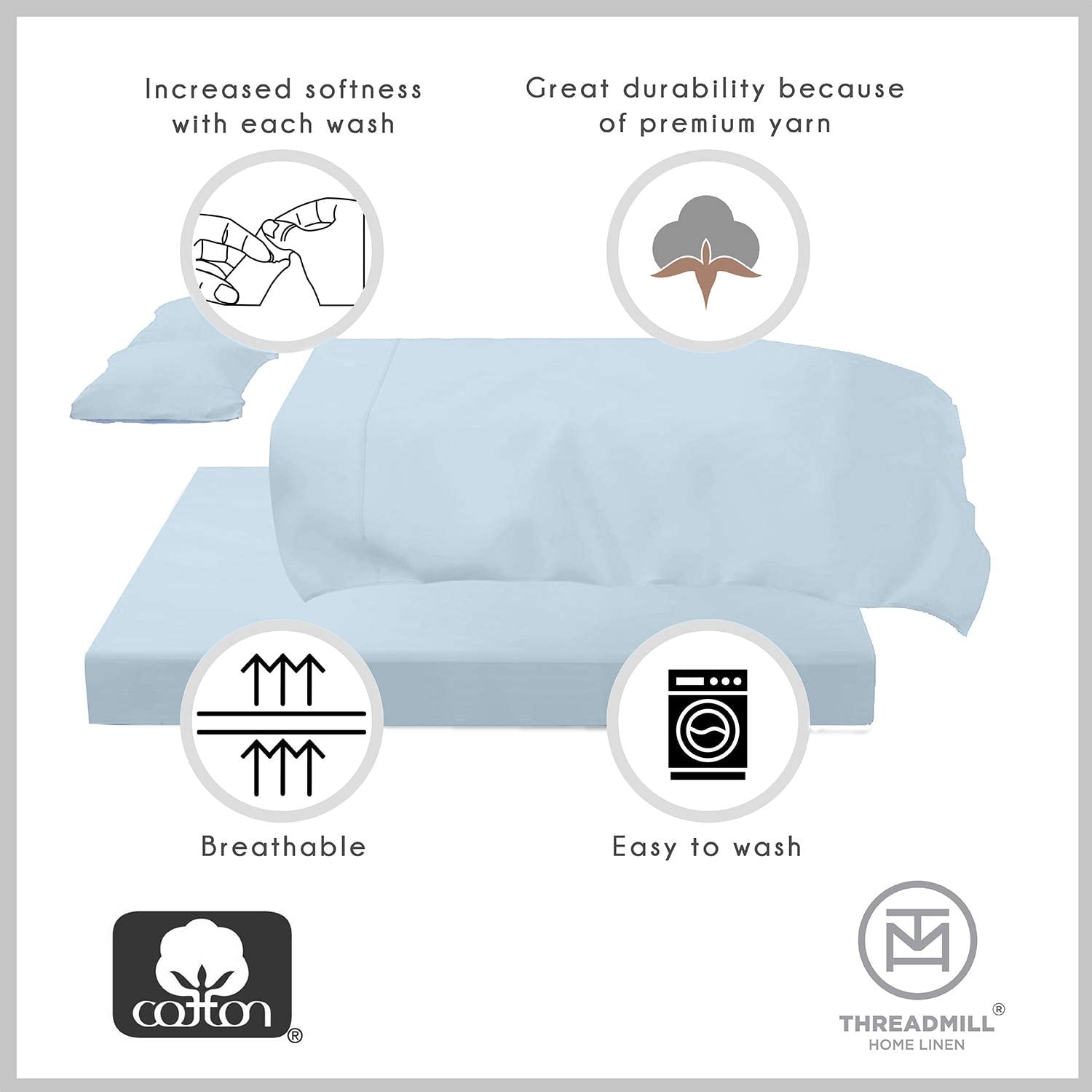 Wrinkle-Resistant 100% Cotton King Bed Sheets Set - 4-Piece, 300 Thread Count, Lightweight Sateen, Light Blue - Cooling Hotel Quality Bedding Sheets and Pillowcases Detail