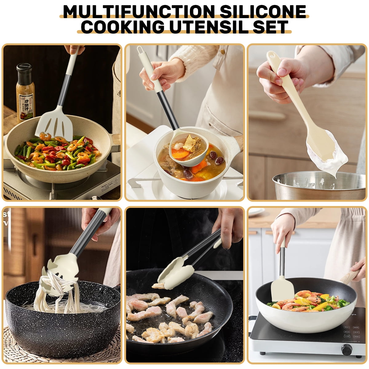 Heat-Resistant Silicone Cooking Utensil Set, 30 Pcs Kitchen Utensils Set with Stainless Steel Handle, Food Grade Silicone Spatula Se... - Ergonomic Kitchen Tongs and Cooking Spoon Utensil Detail