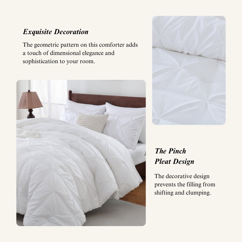 Luxurious Quilted 7 Pieces Pinch-Pleated Comforter Set, White Queen Size - All-Season Down Alternative Comforter Insert Detail