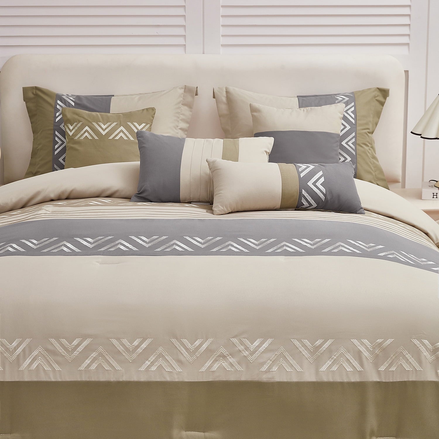 Fluffy Down Alternative 7 Piece Embroidery Design Bed-in-a-Bag, Taupe Queen Size Ultra Soft Comforter Set for Adults - Hypoallergenic Ultra-Fluffy Quilt for Winter Detail