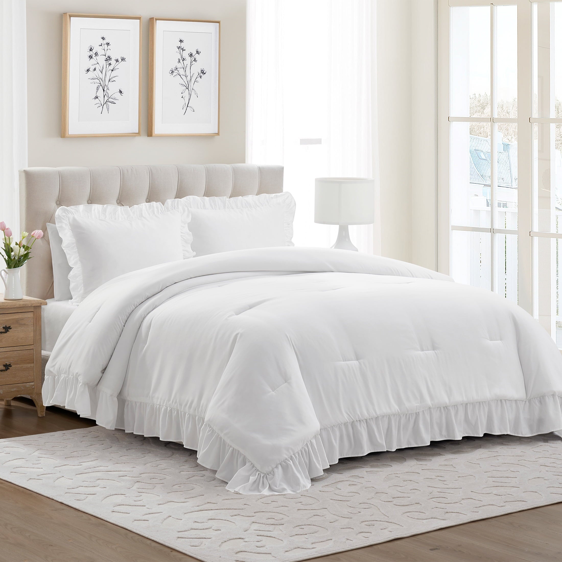 Heavyweight Warmth Full/Queen Comforter Set, All-Season, 3-Piece, White Ruffle - Luxurious Quilted Duvet Cover Set Detail