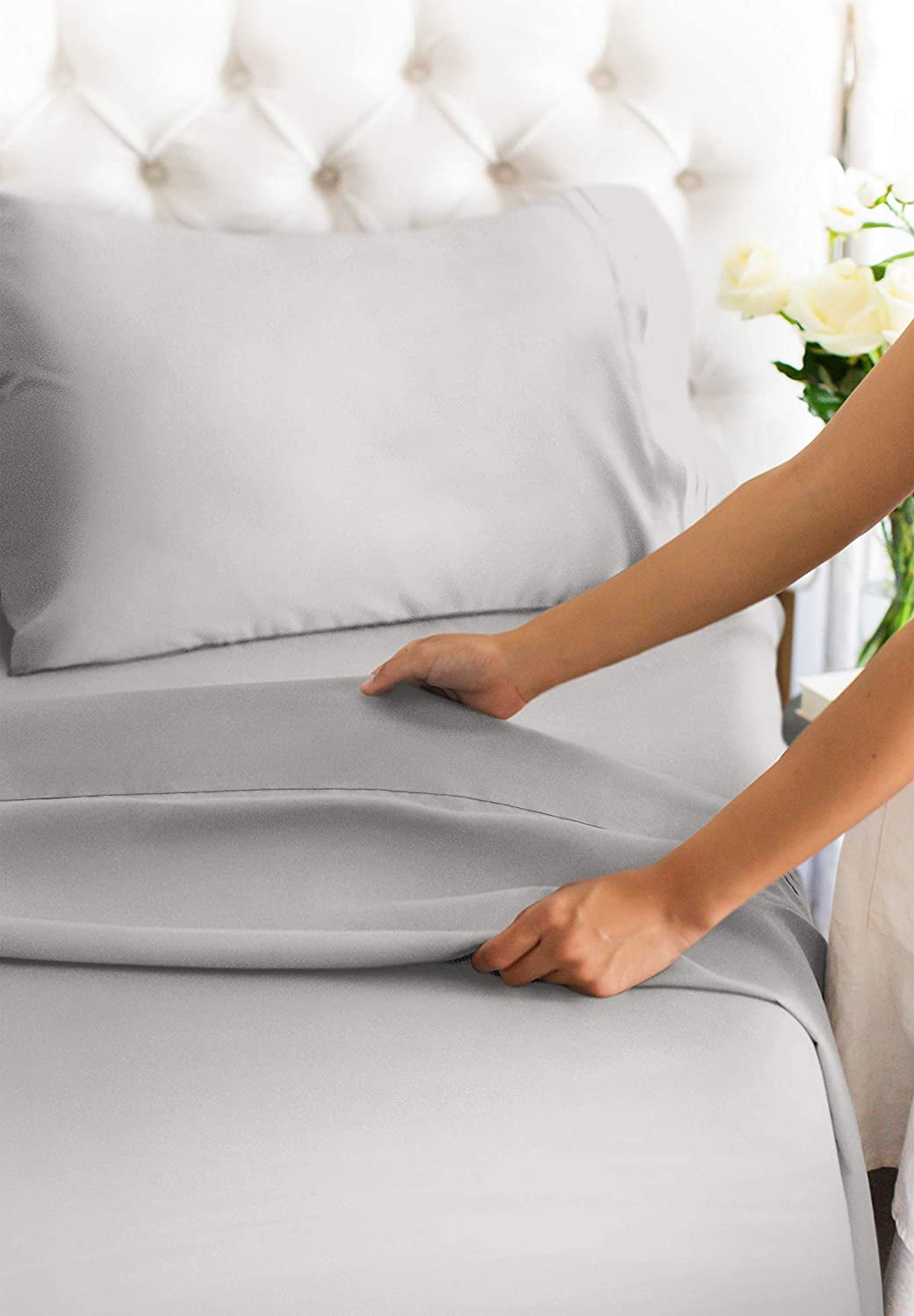 Cooling Sateen 4-Piece 400 Thread Count Cotton Sheet Set - King Size 100% Cotton Sateen Bed Sheets Fits 18"-24" Mattresse... - Luxury Bed Sheet Set with Deep Pockets Detail