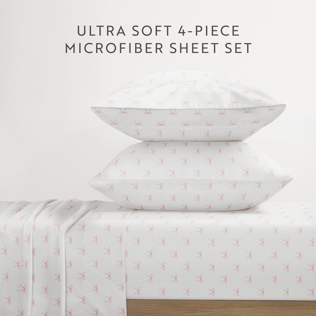 Premium Egyptian Cotton 3 Piece Ditsy Pattern Microfiber Bed Sheets, Pink Bows, Twin-XL - Cooling Hotel Quality Bedding Sheets and Pillowcases Detail