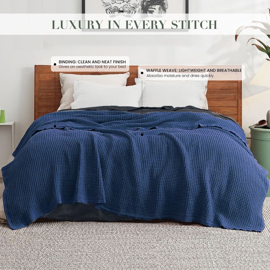 Cozy Fleece Twin Waffle Throw Blanket for Couch (68" x 92"), 100% Cotton Throw Blankets for Bed, Waffle Blanket for Bed (Navy) - Super Soft Reversible Sherpa Flannel Blanket Detail