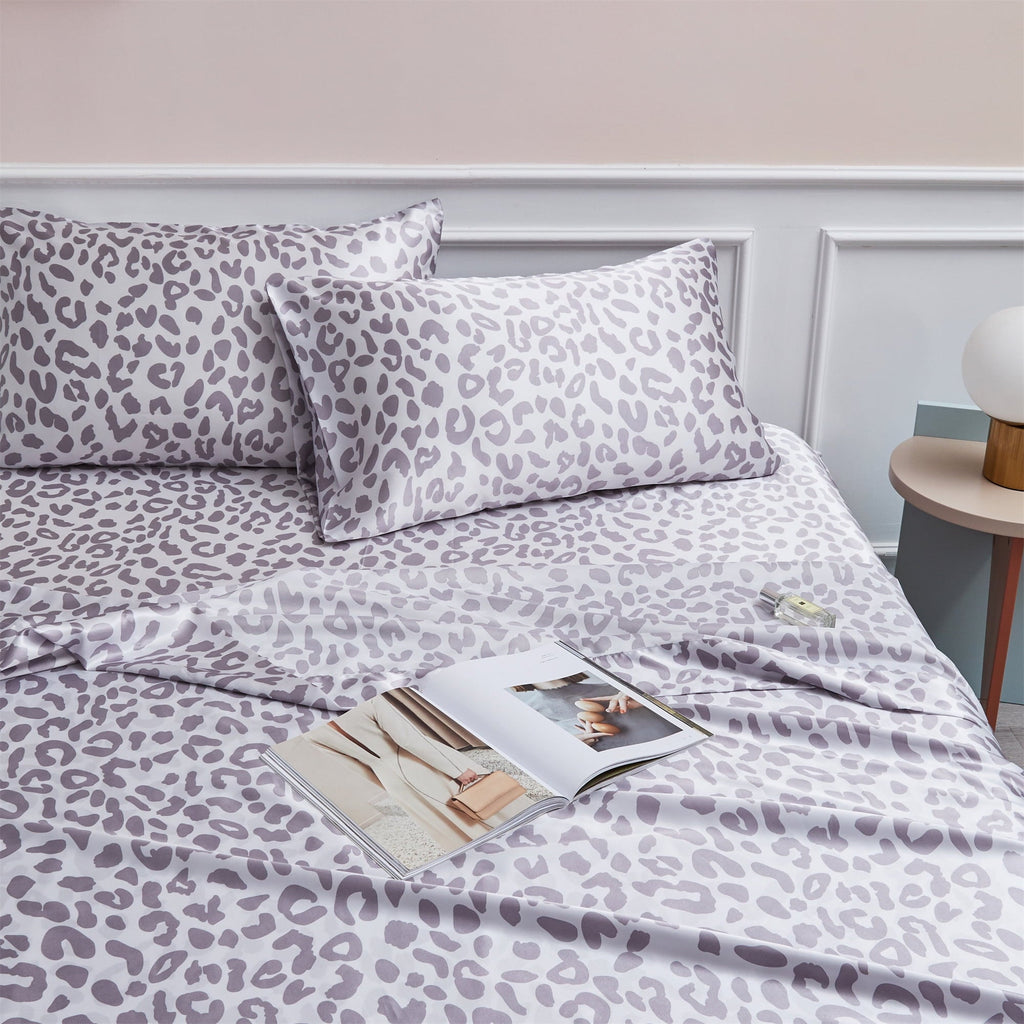 Ultra-Soft Satin Sheets Twin Silk Sheets Silver Leopard Bed Sheet Set Deep Pocket Bed Flat Fitted Sheet, 3-Pieces - Cooling Hotel Quality Bedding Sheets and Pillowcases Detail