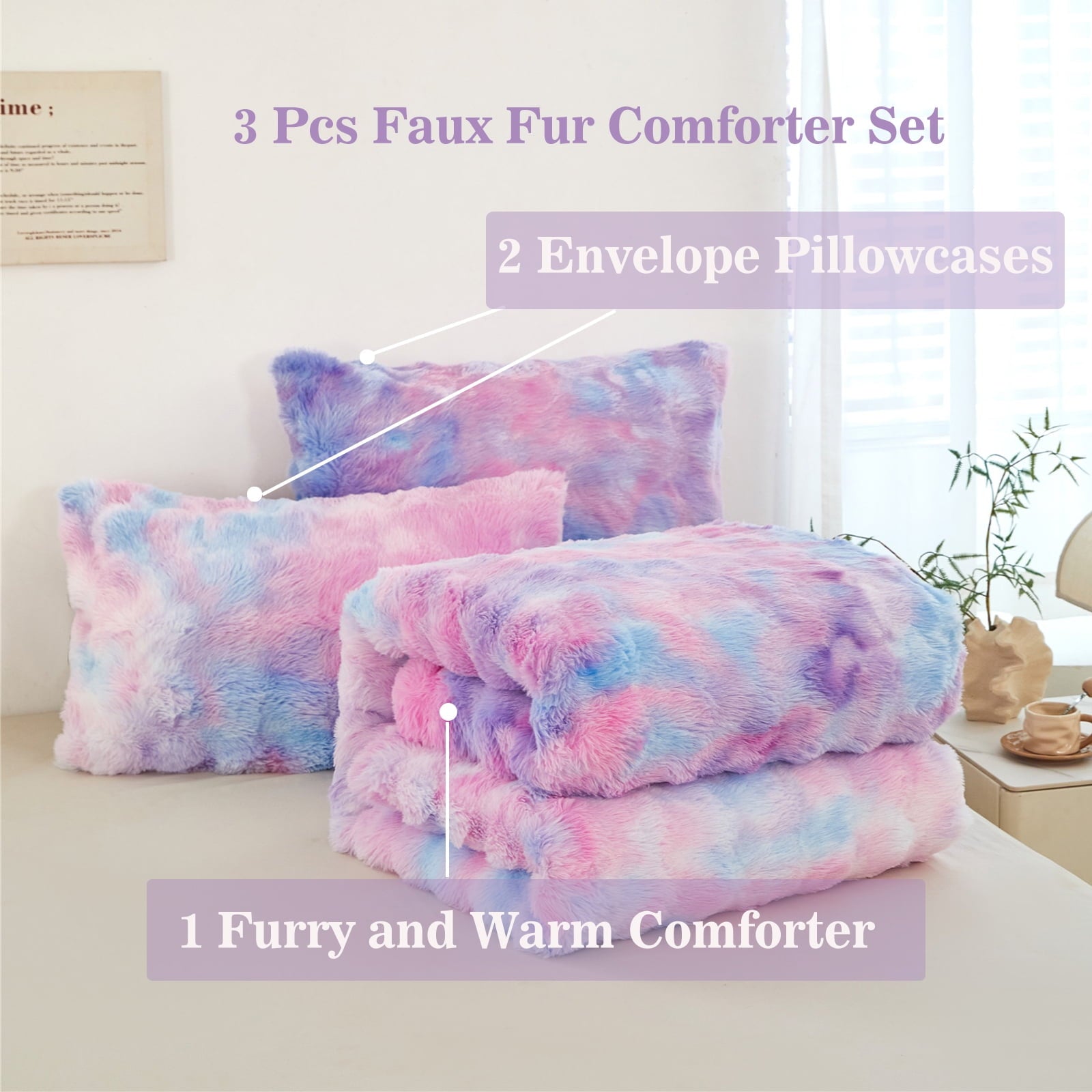 Hypoallergenic Cloud Faux Rabbit Fur Comforter Set Twin 3Pcs Girls Blue Purple Bedding Set Tie-Dyeing Soft Bed Comforter Set Warm Fuzzy Ki... - Hypoallergenic Ultra-Fluffy Quilt for Winter Detail
