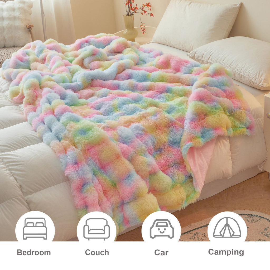 Super Soft Flannel Fluffy Faux Rabbit Fur Bubble Throw, Rainbow Plush Shaggy Blanket for Couch Sofa Chair, Soft Tie Dye Furry Blanket Ad... - Lightweight Plush Warm Blanket for All Seasons Detail